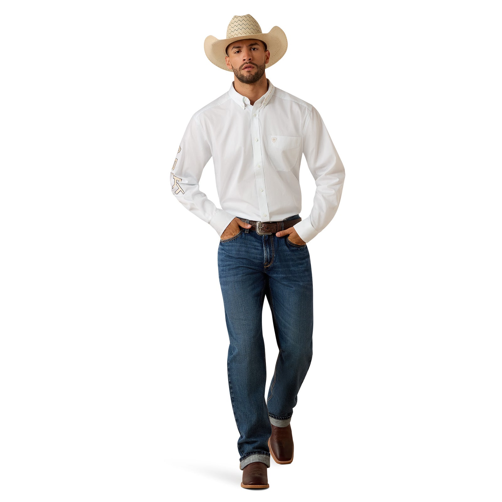 Man wearing a white shirt, blue jeans, and a cowboy hat on a white background