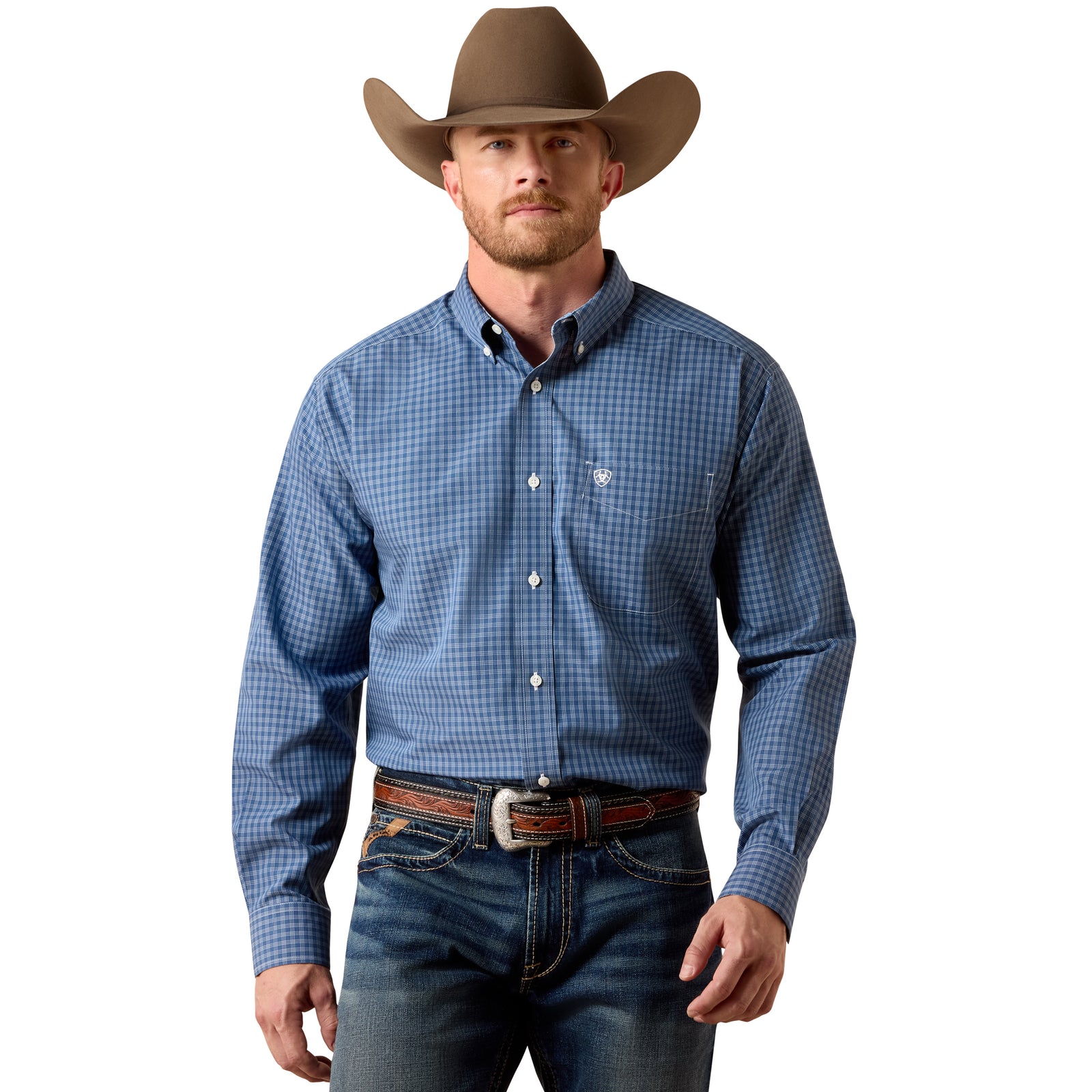 Man wearing a blue checkered shirt, brown cowboy hat, and jeans on a white background
