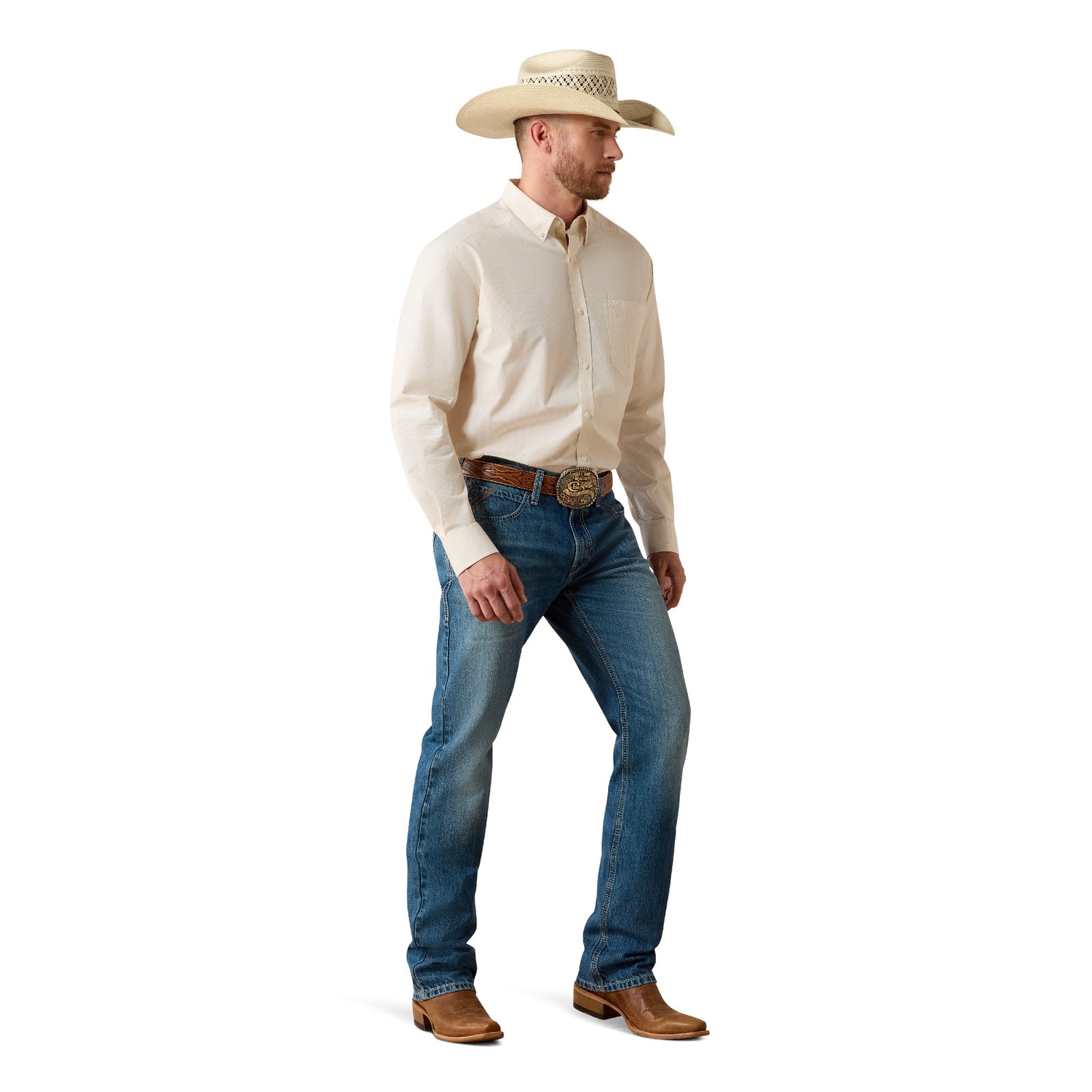 Man wearing a white shirt, blue jeans, and a cowboy hat on a white background