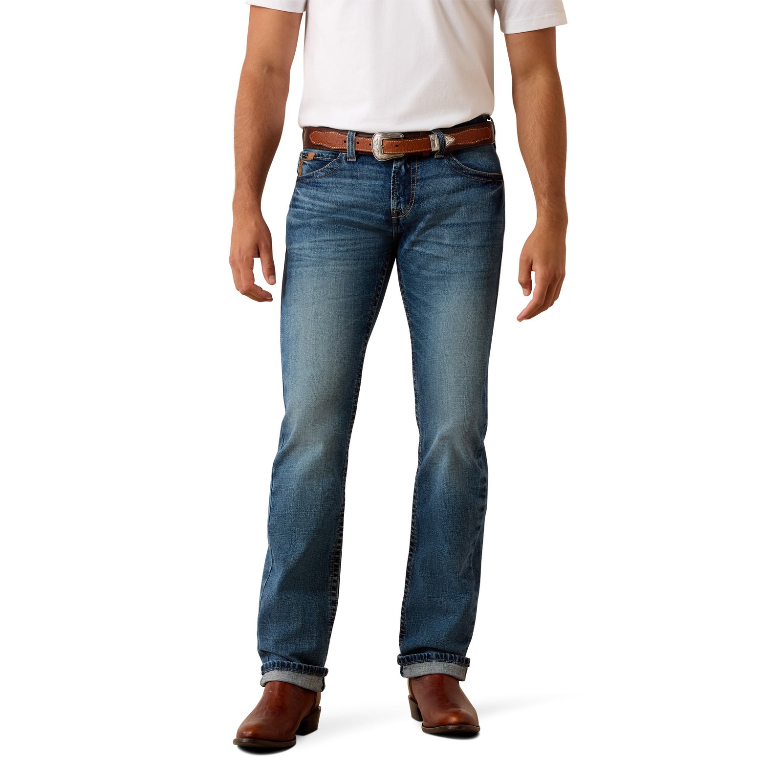 Person wearing blue jeans and a white shirt on a white background