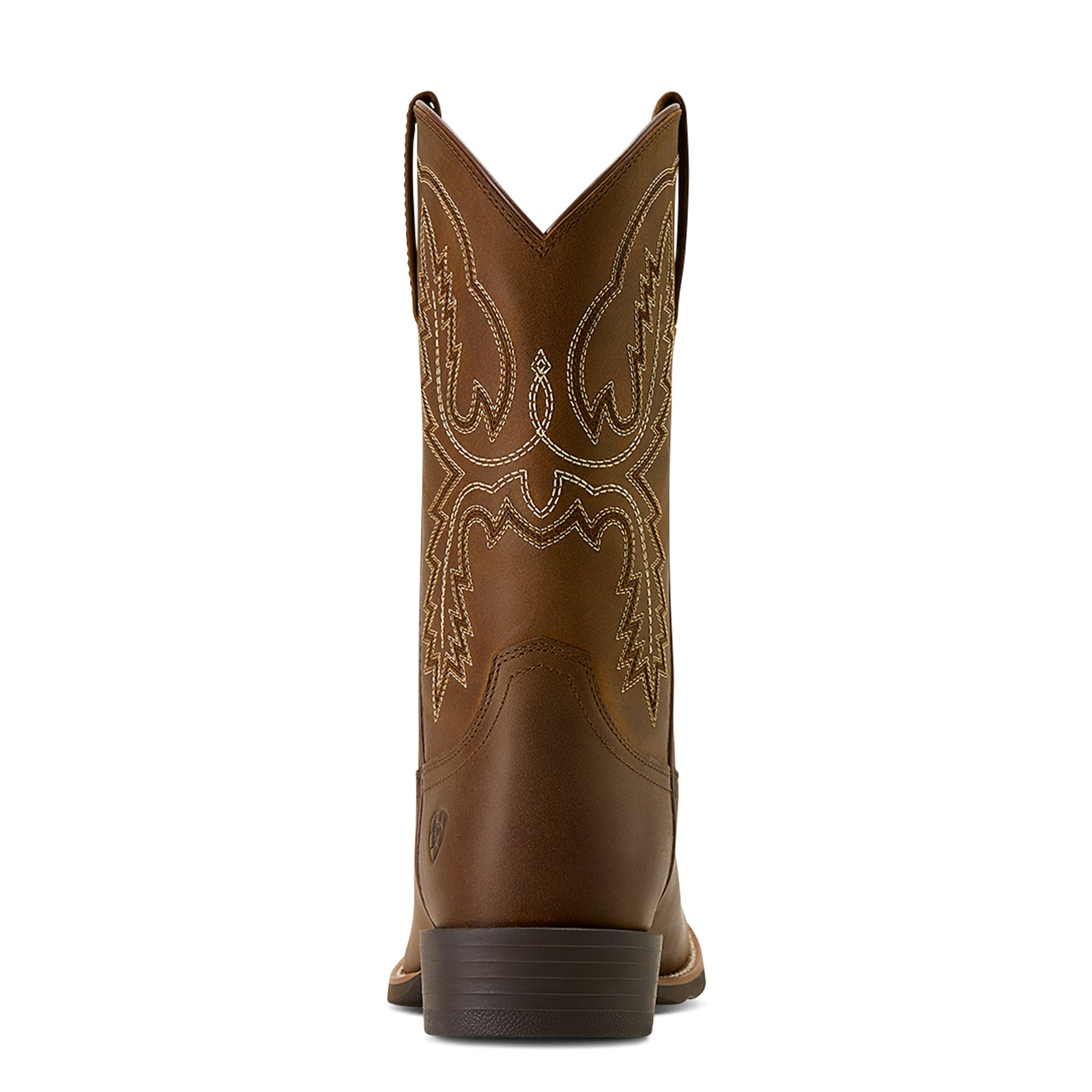 Brown cowboy boot with intricate stitching on a white background