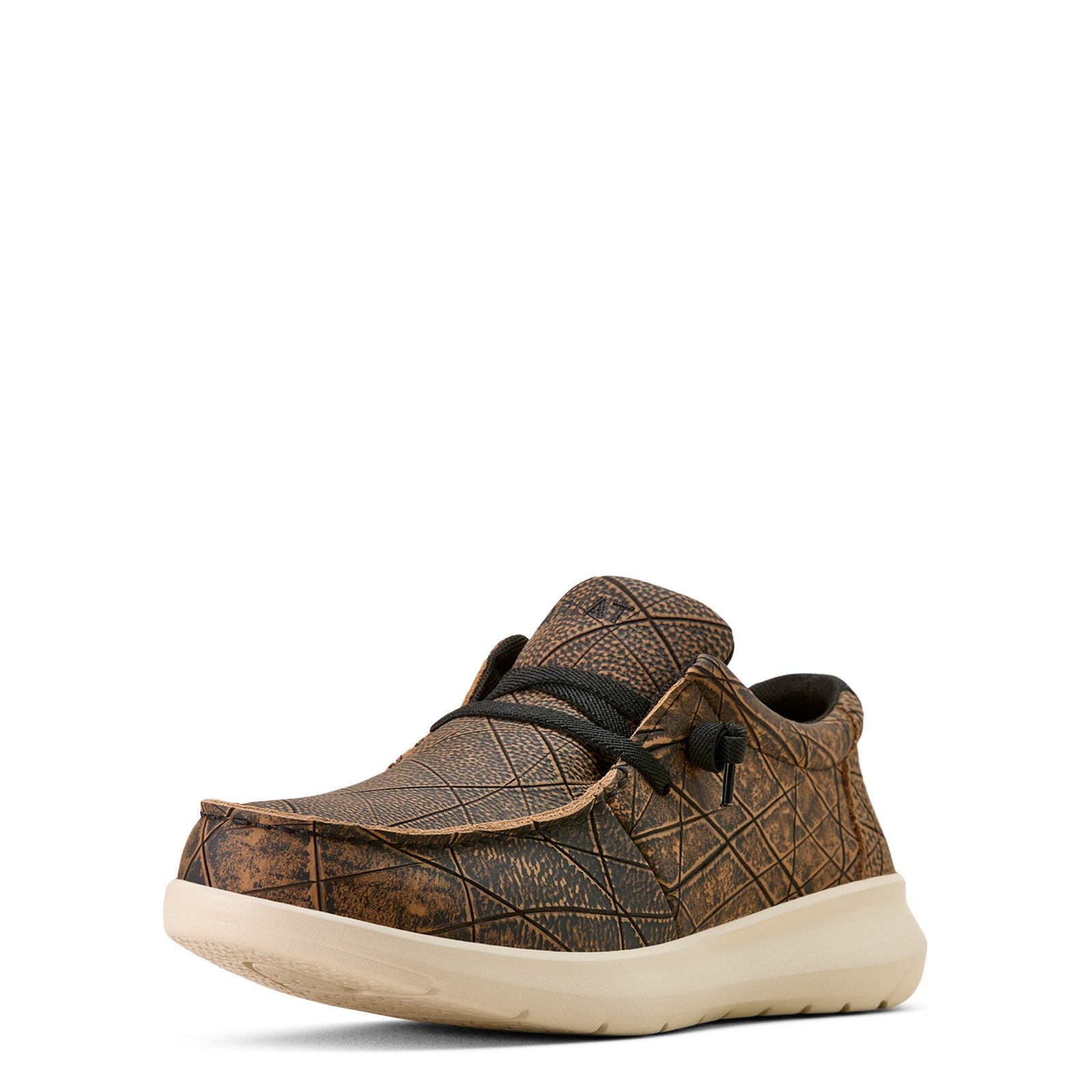 Brown textured sneaker with black laces on a white background