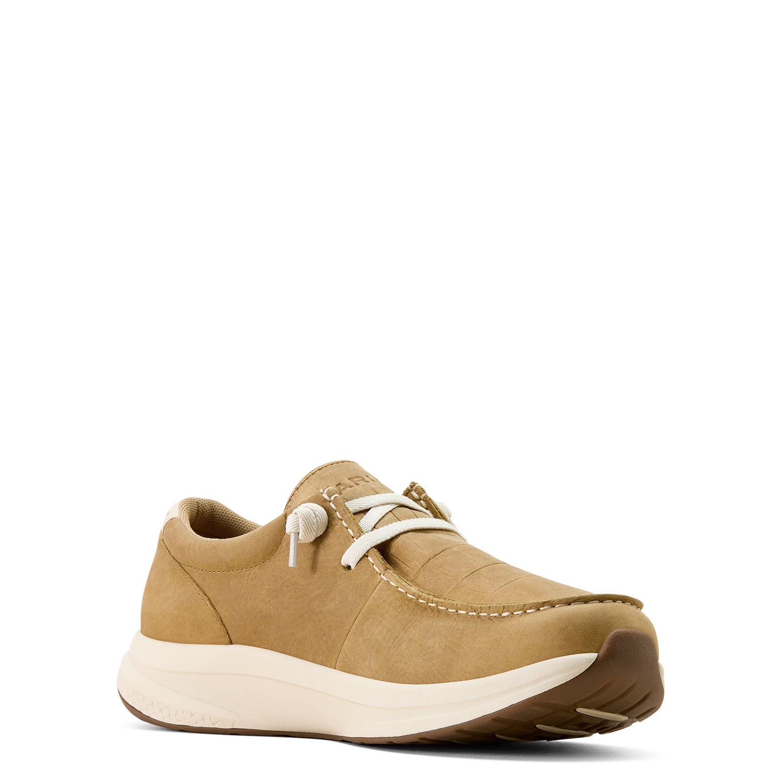 Tan shoe with white sole on a white background