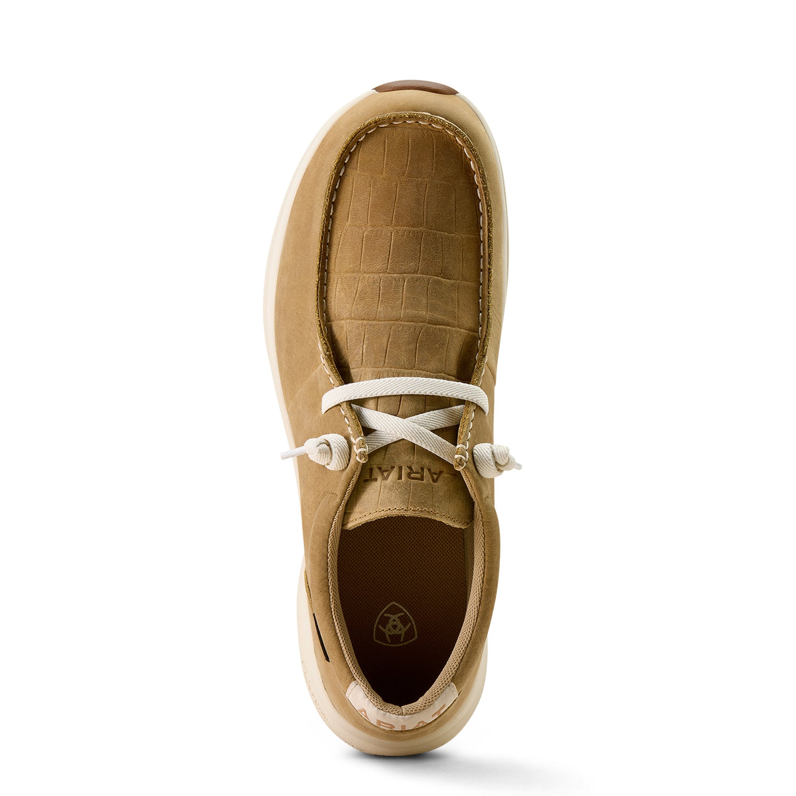 Tan boat shoe with white laces on a white background