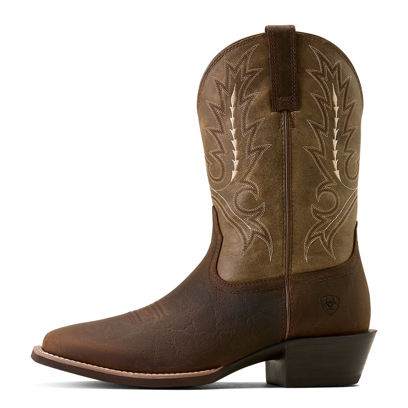 Brown cowboy boot with intricate stitching on a white background