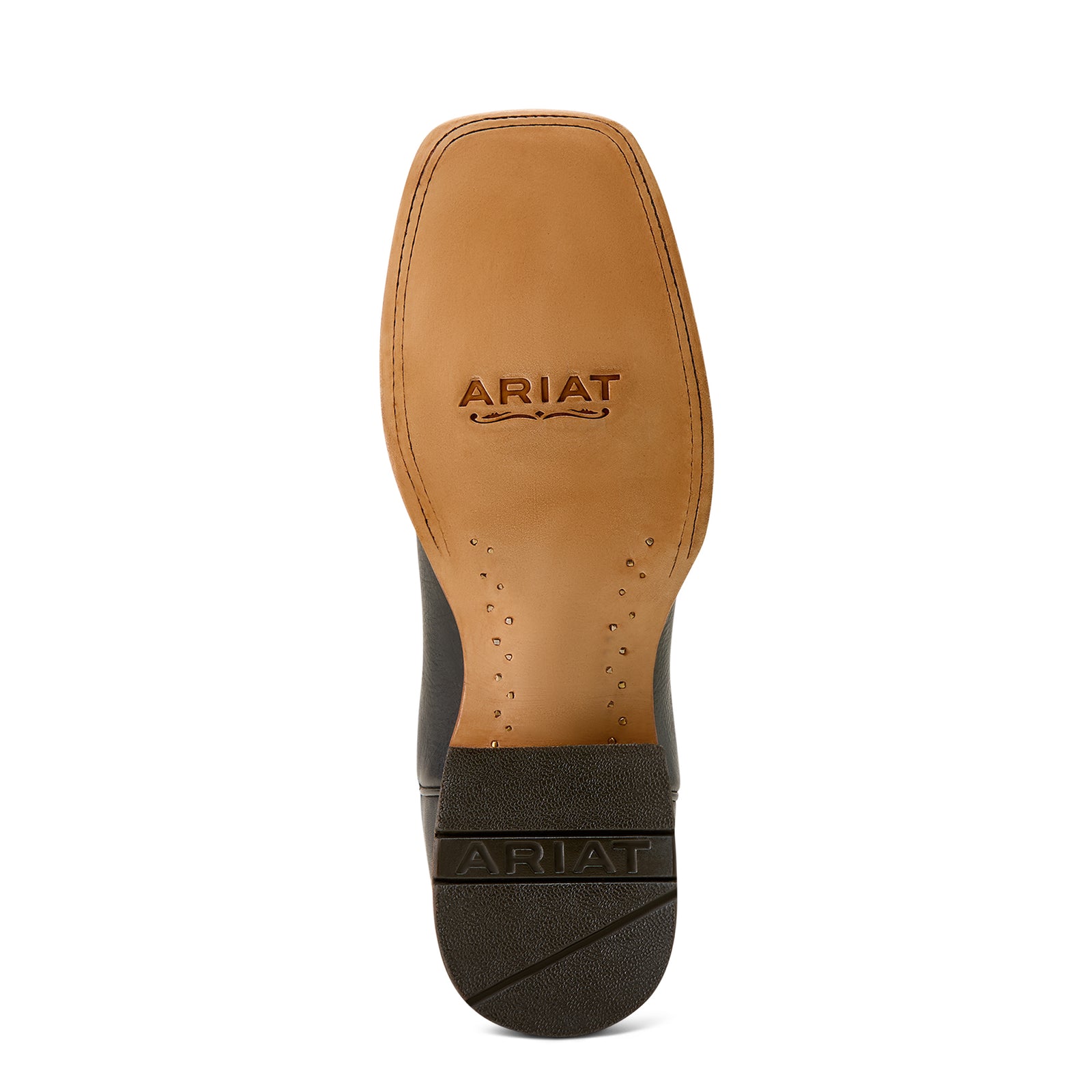 Close-up of a boot sole with Ariat branding on a white background