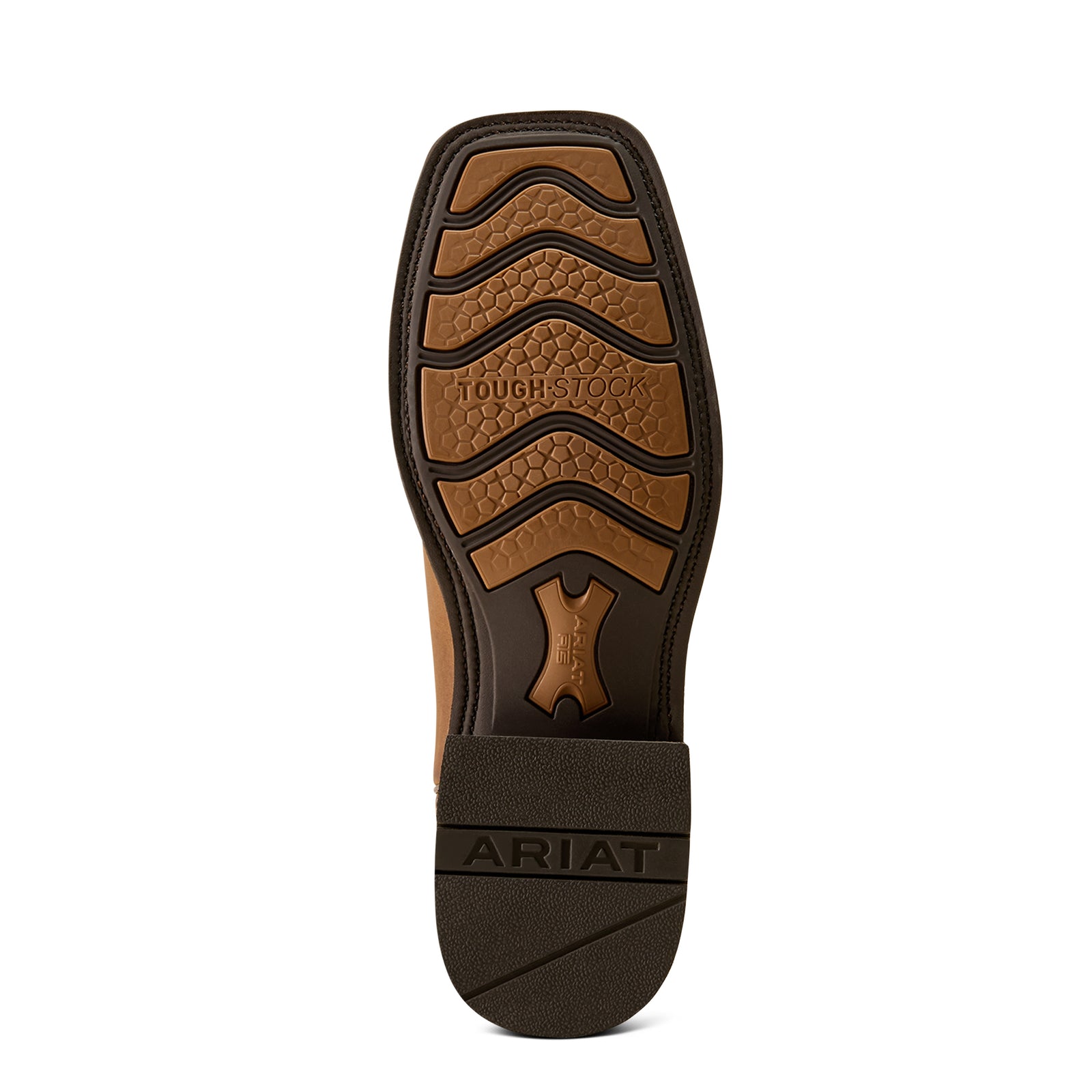 Brown shoe sole with 'Tough Stock' and 'Ariat' branding on a white background