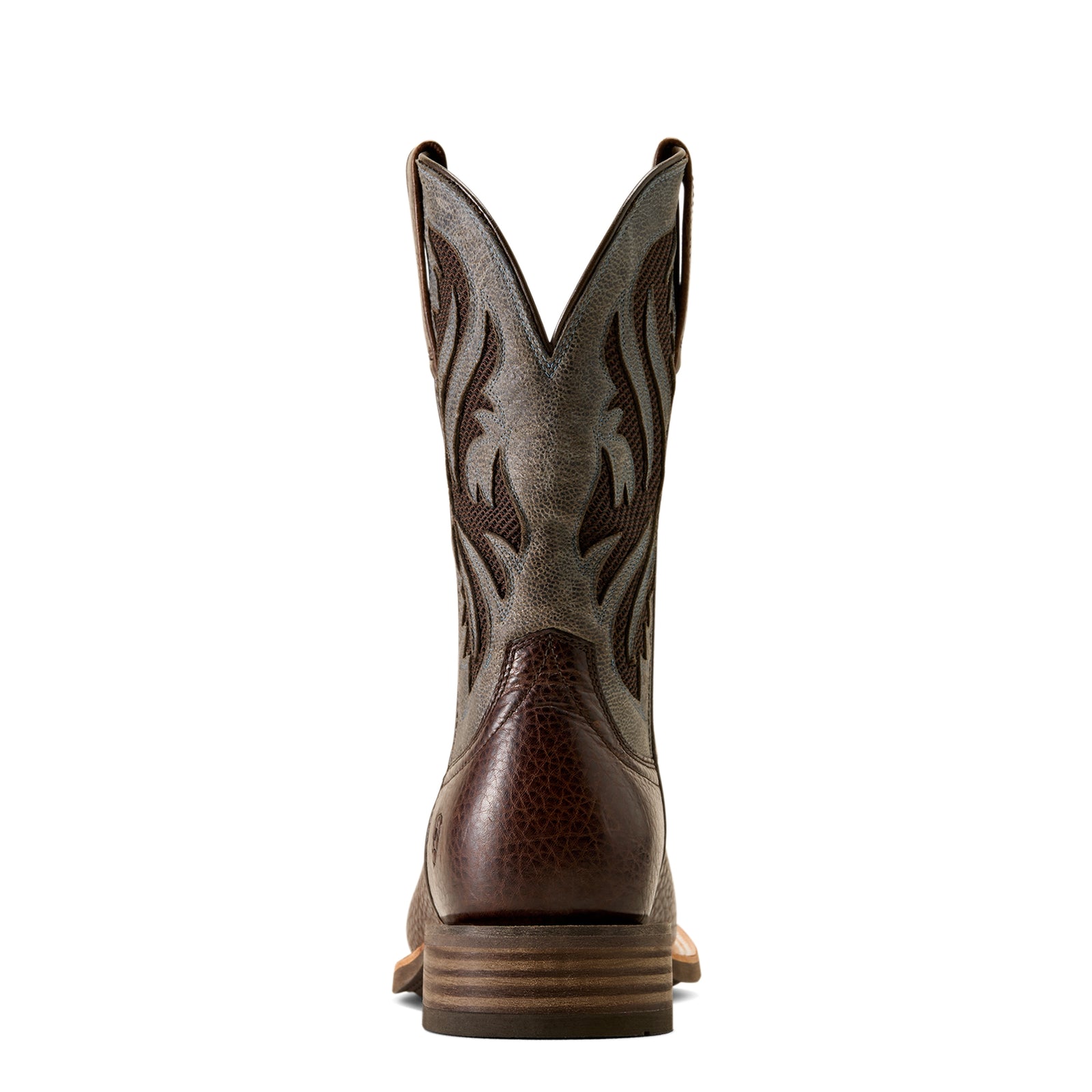 A single western cowboy boot shown from the back, featuring a dark brown textured leather heel and sole, a lighter taupe-brown shaft with dark brown embroidered western stitching, and a square toe.