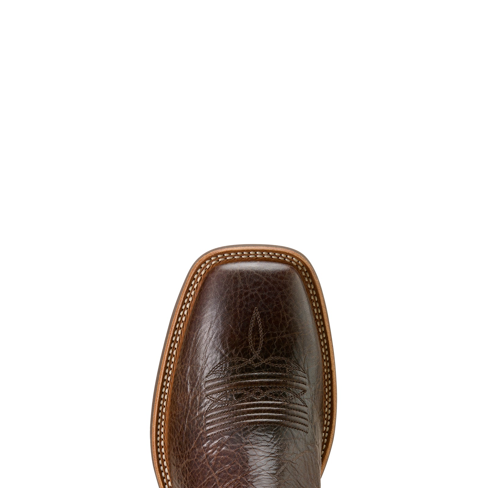 Brown leather boot with intricate stitching on a white background