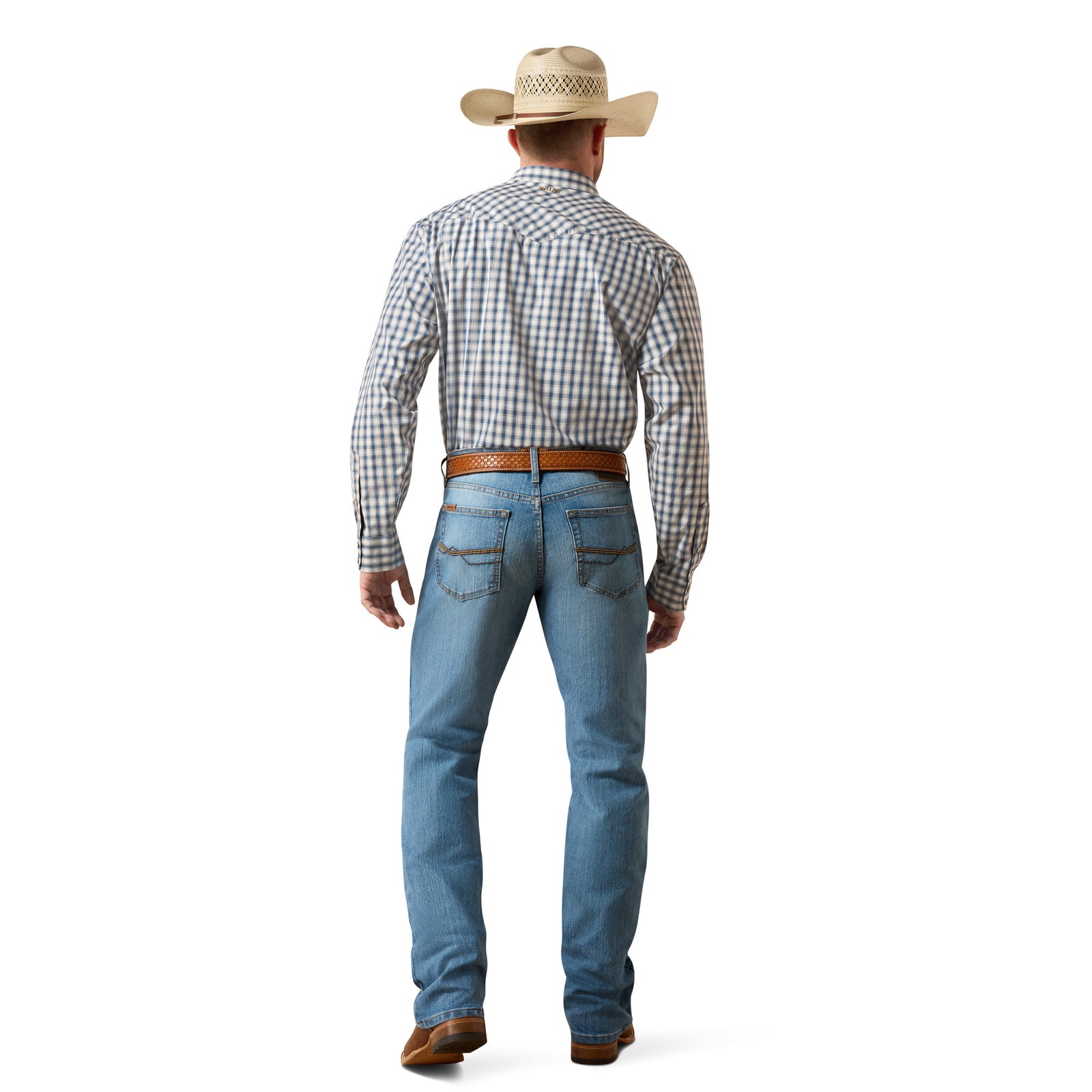 Man wearing a checkered shirt, jeans, and a cowboy hat on a white background