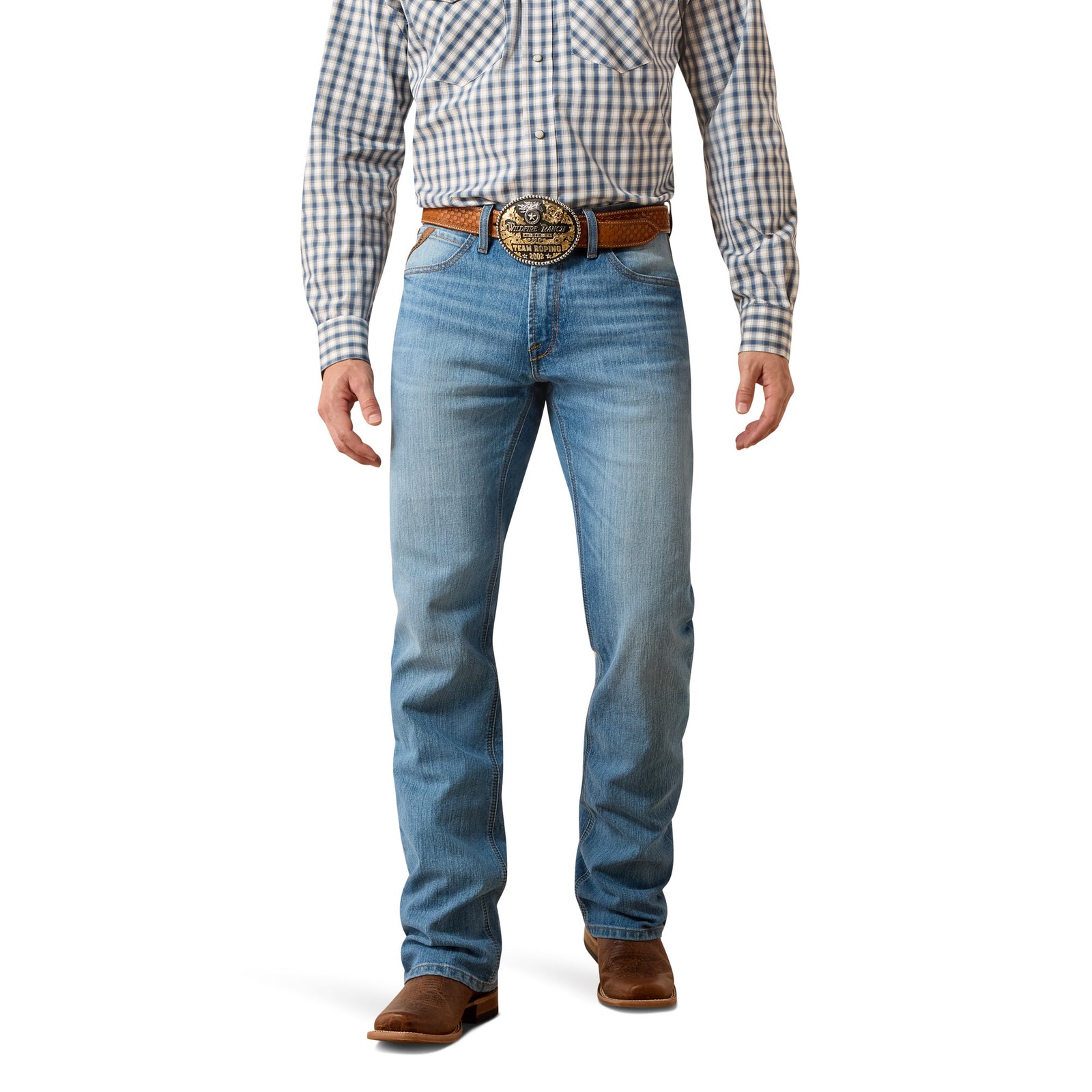 Man wearing blue jeans with a checkered shirt and brown belt on a white background