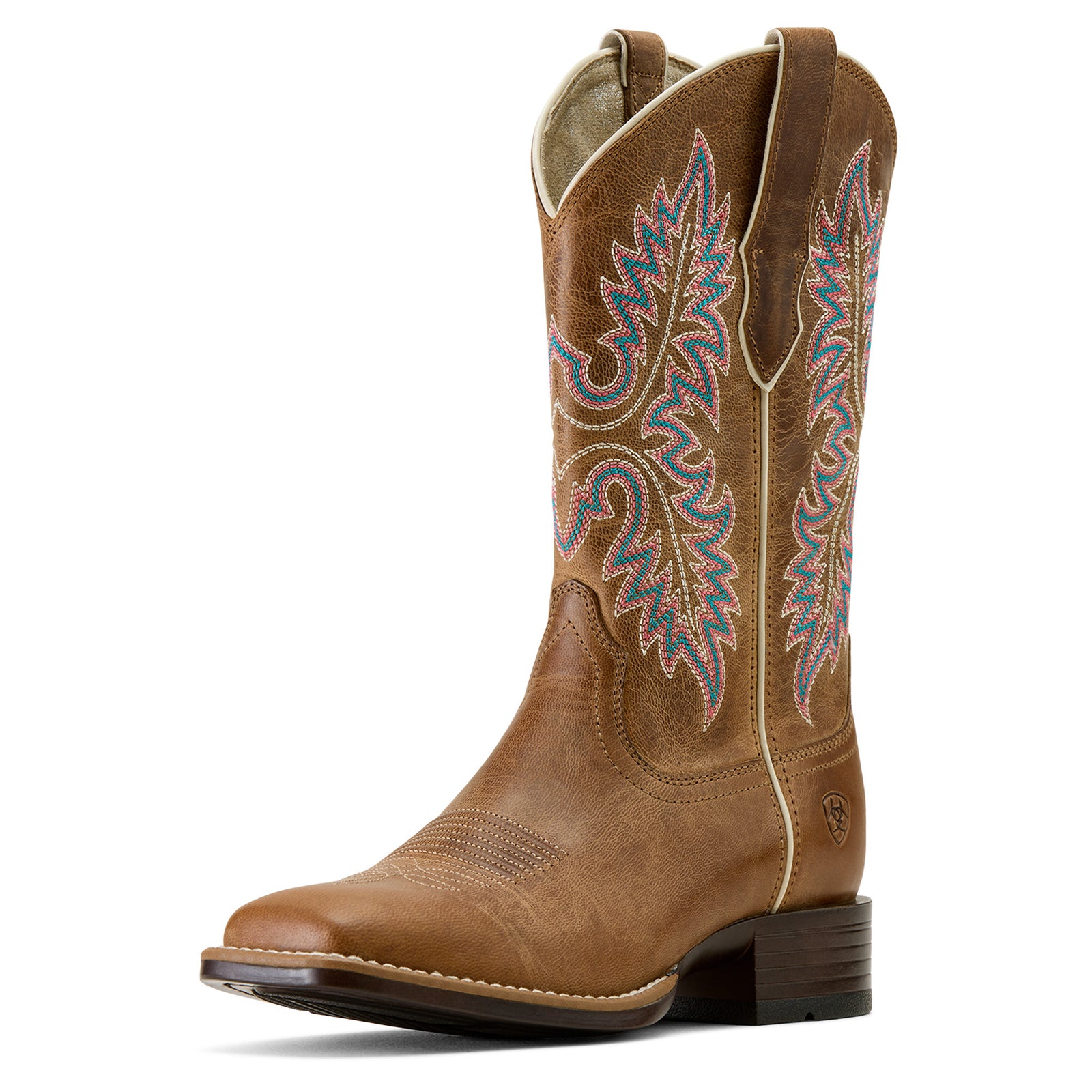 Brown cowboy boot with intricate embroidery on a white background