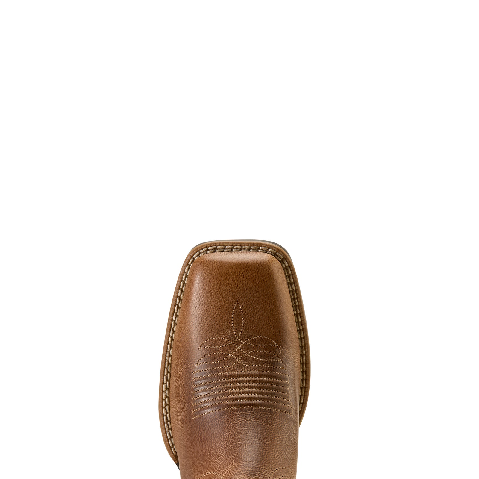 Brown leather boot sole with stitching detail on a white background