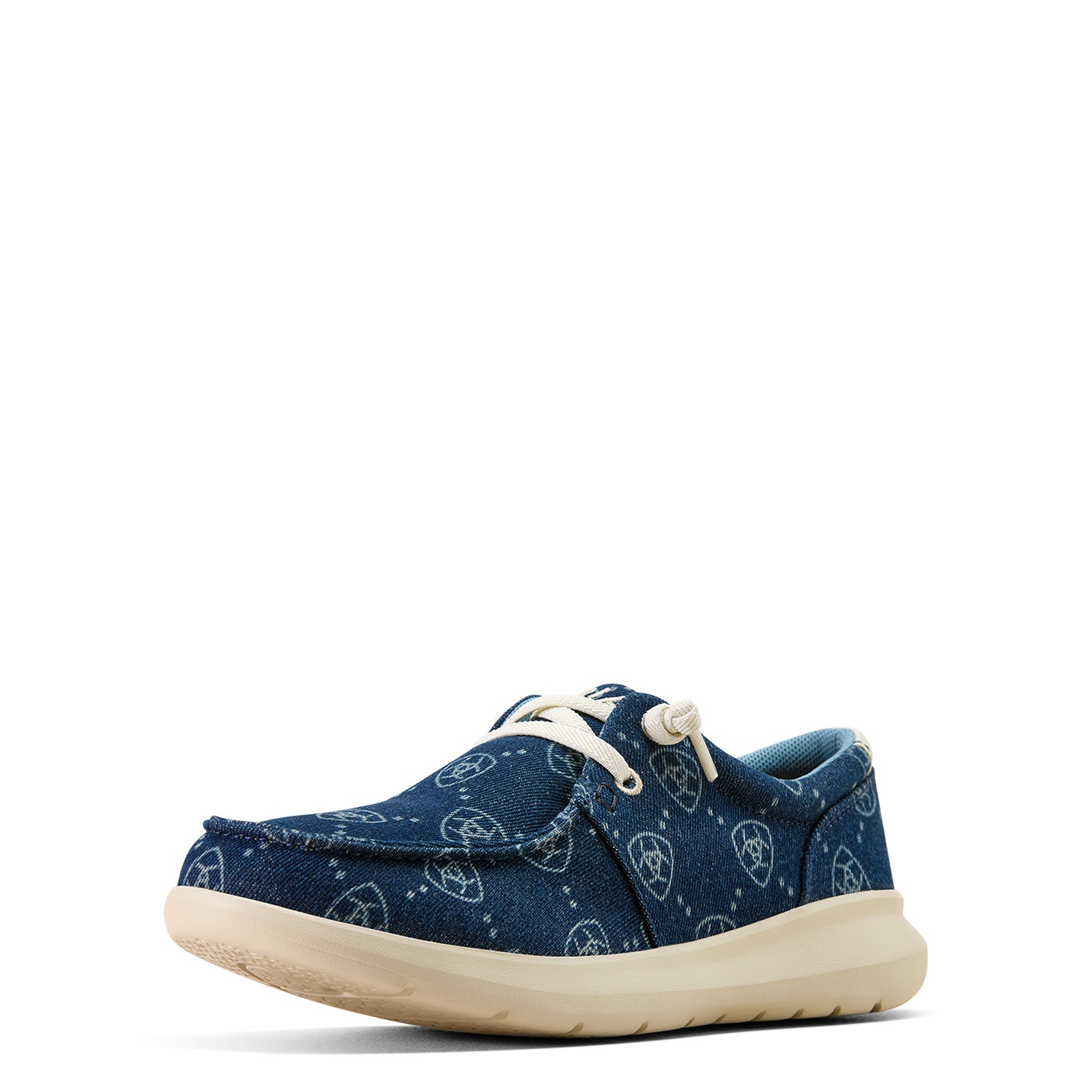 Blue casual shoe with white sole on a white background