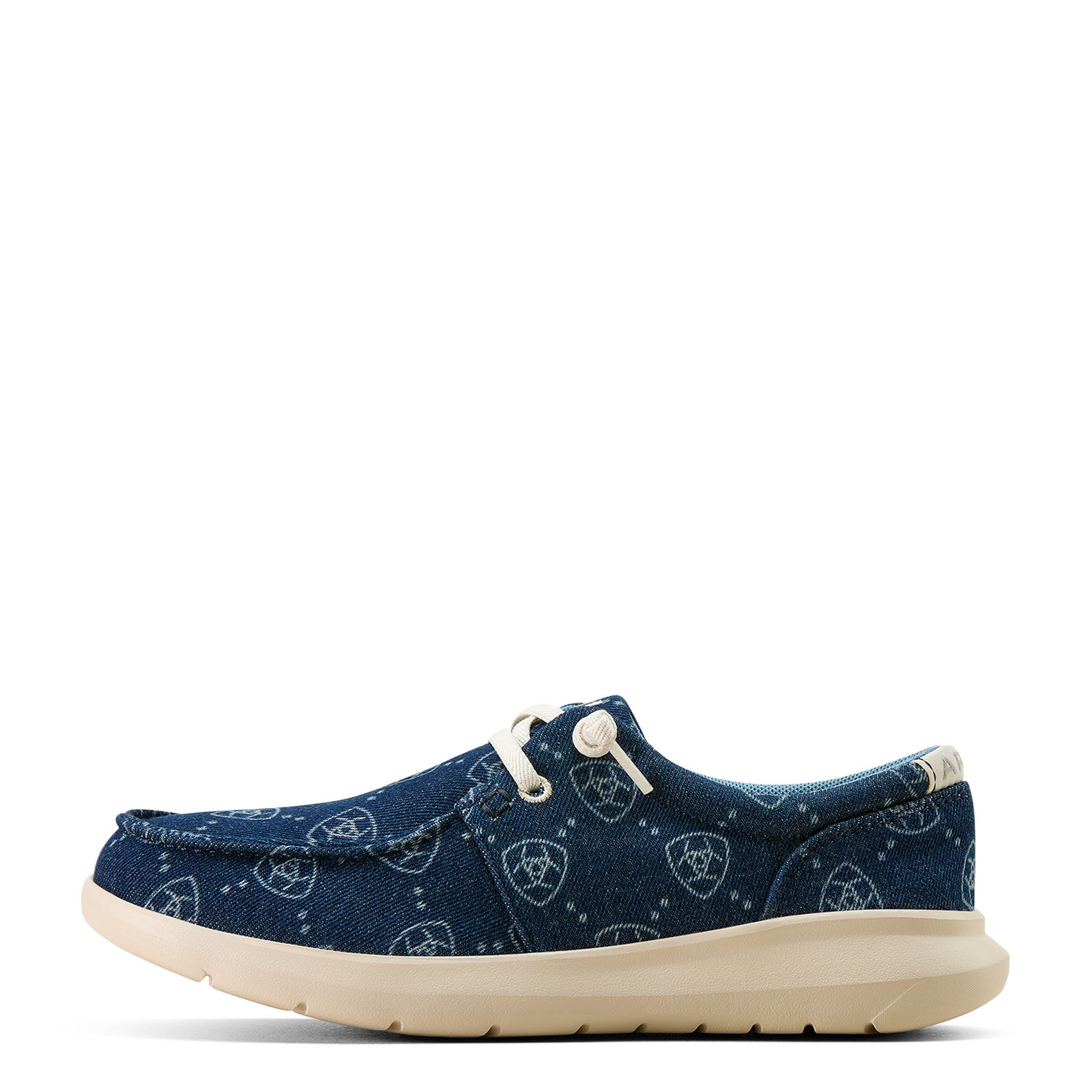 Blue casual shoe with white patterns on a white background
