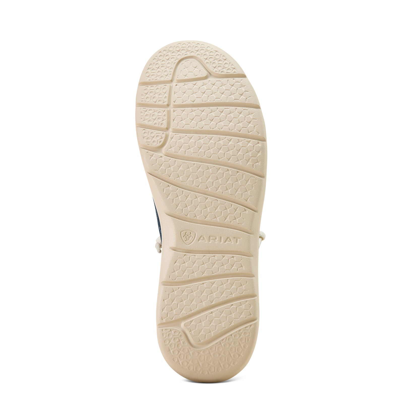 Close-up of a sandal sole with 'Ariat' branding on a white background