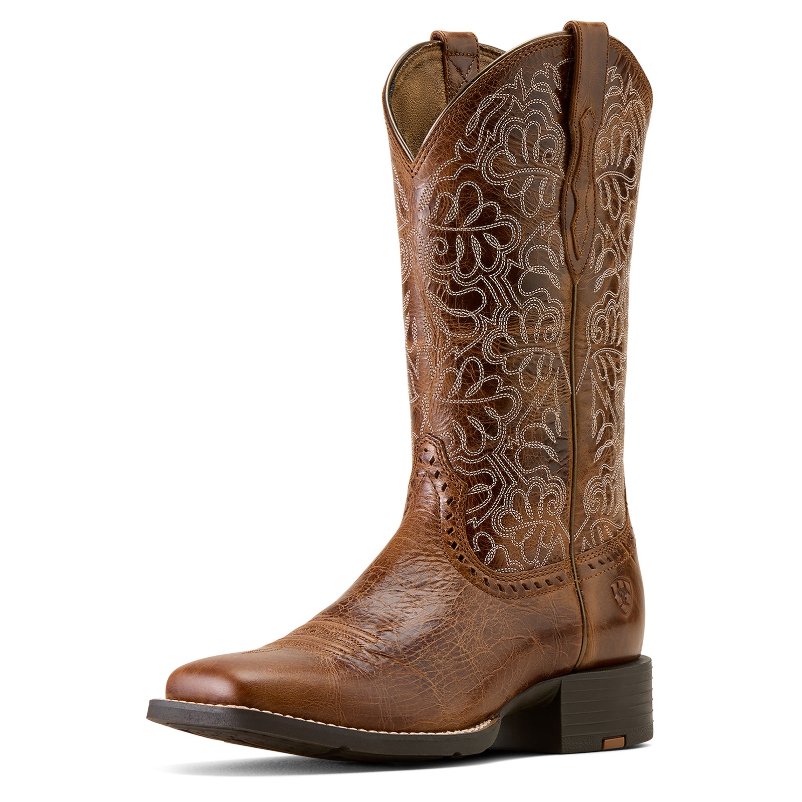 Brown cowboy boot with intricate white embroidery on a white background