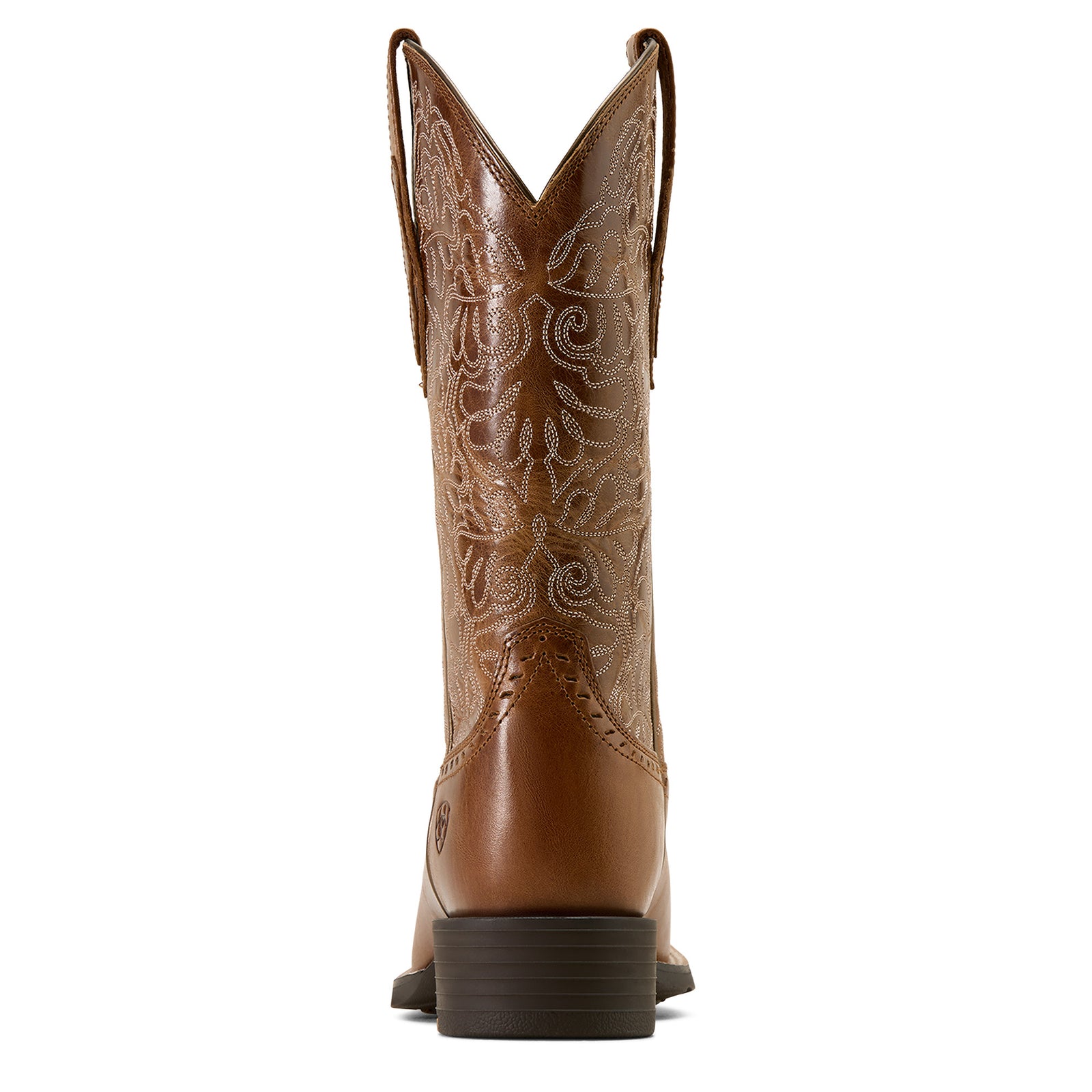 Brown cowboy boot with intricate embossing on a white background