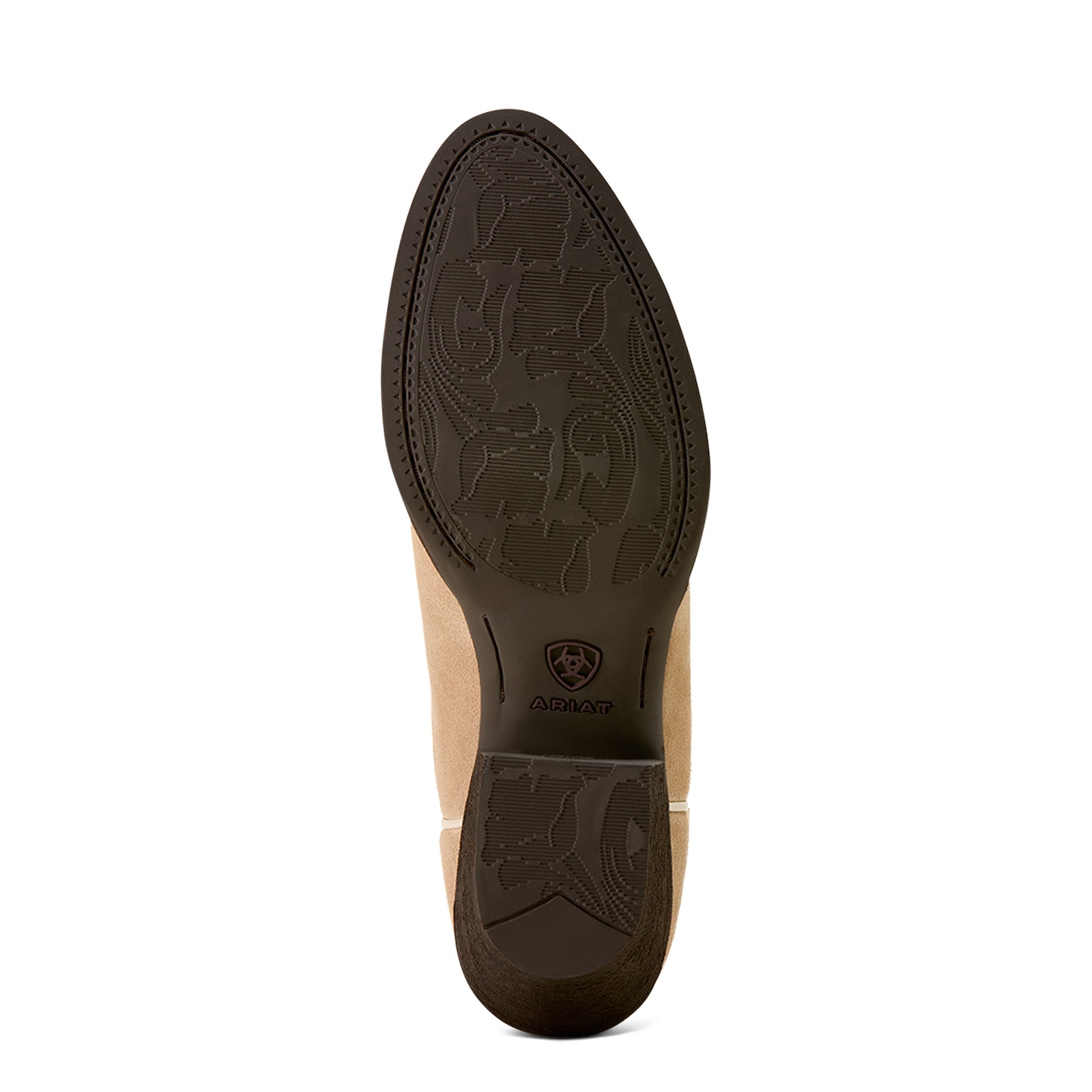 Close-up of a boot sole with embossed design on a white background