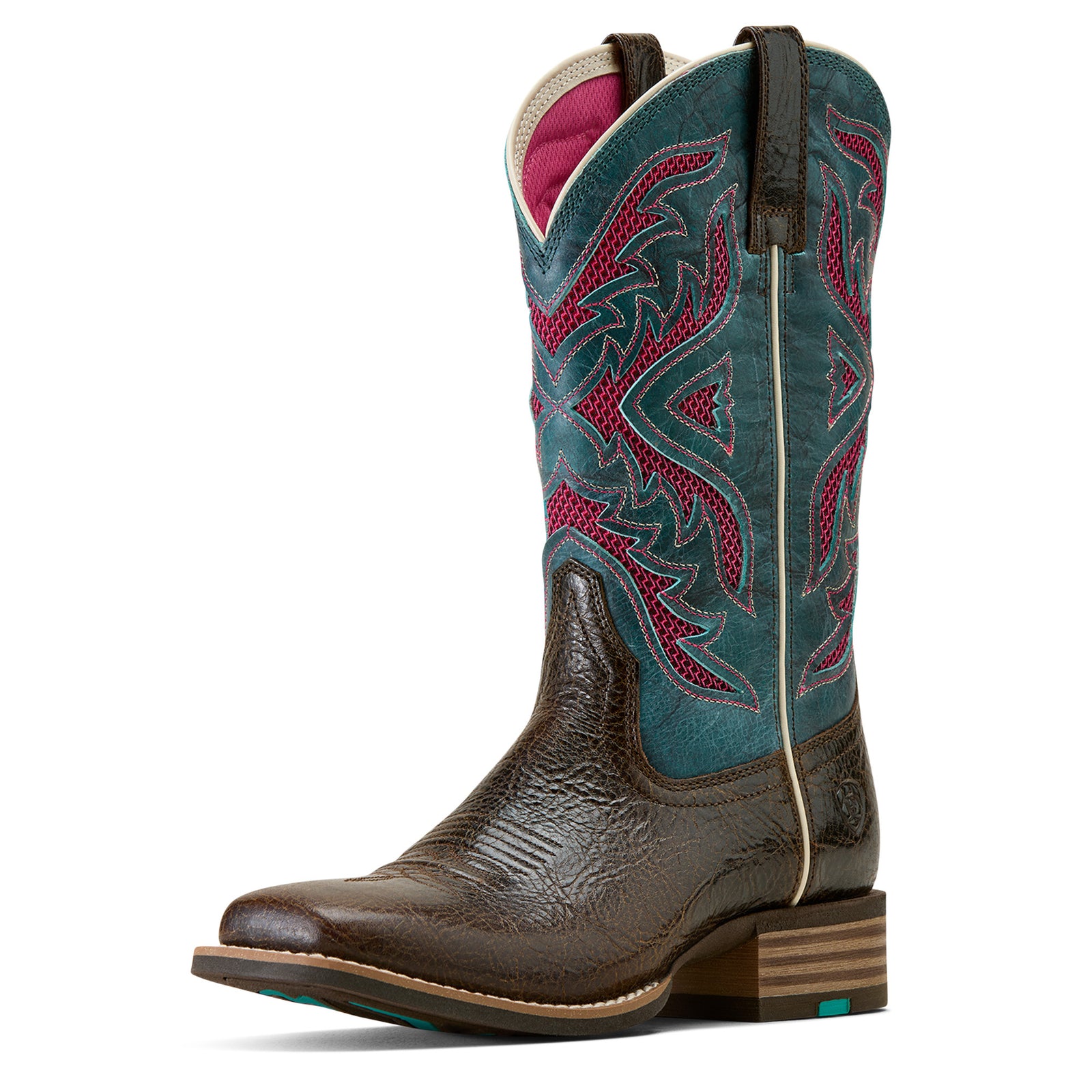 Brown cowboy boot with teal and red pattern on a white background
