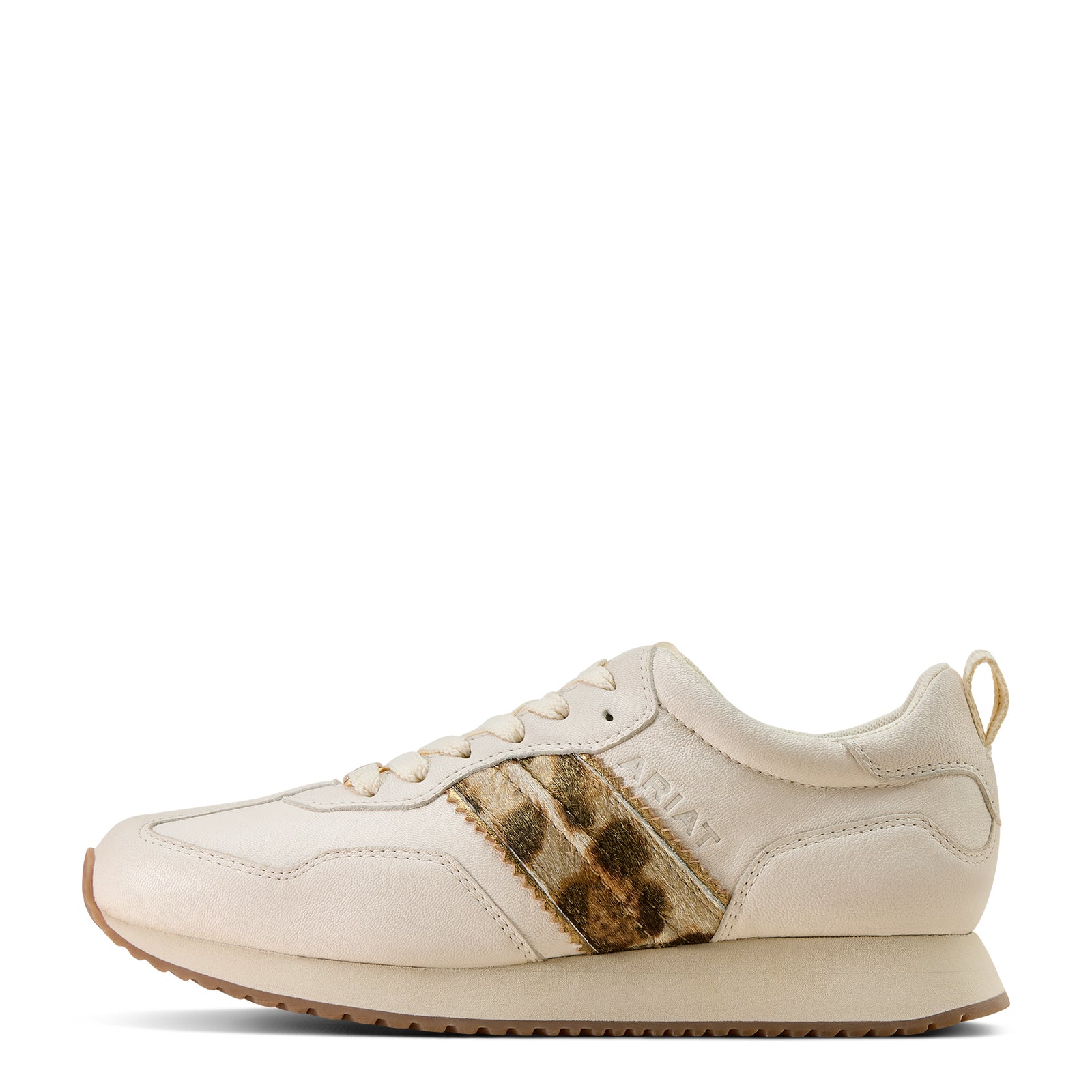 Beige sneaker with a patterned strip on a white background