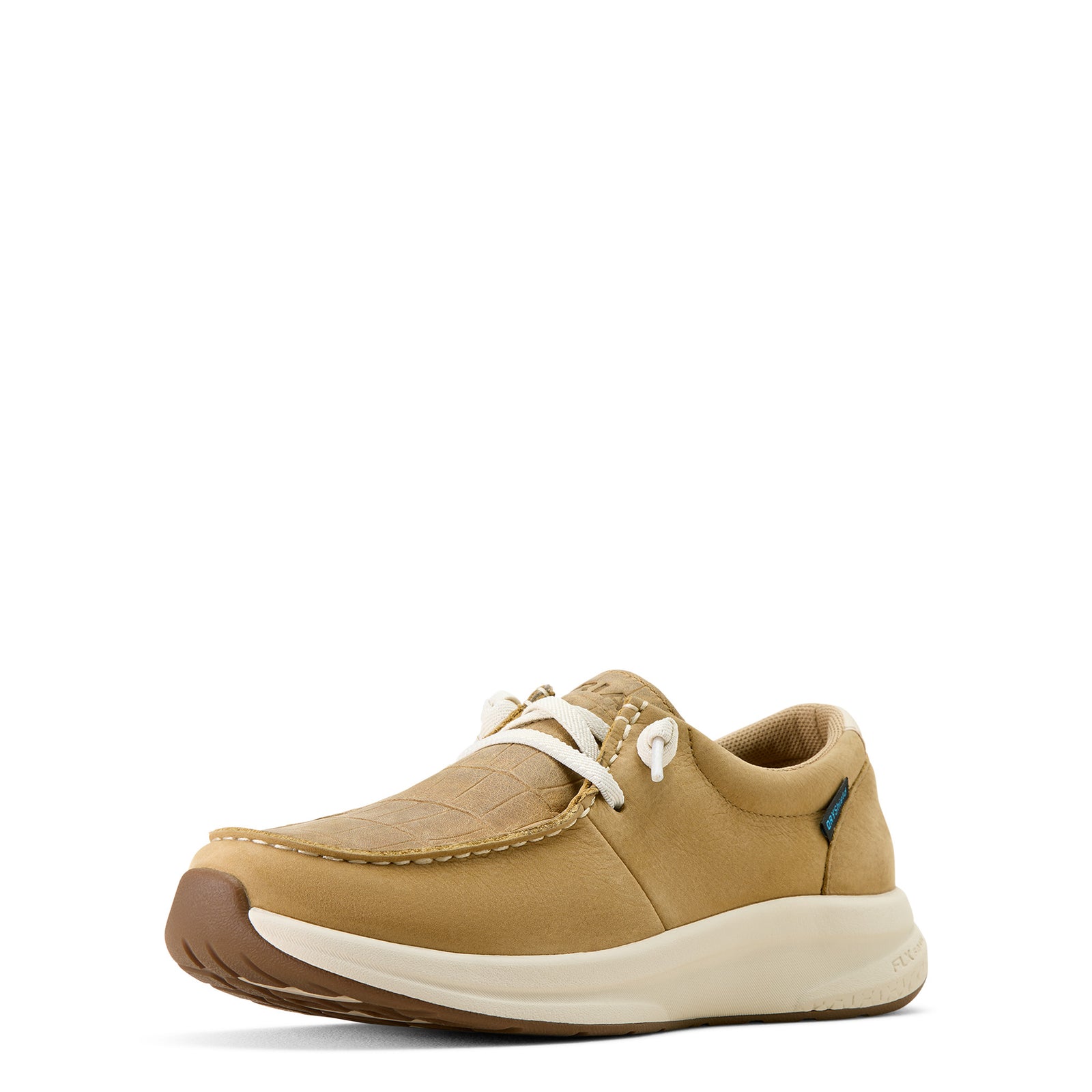 Tan shoe with white sole on a white background