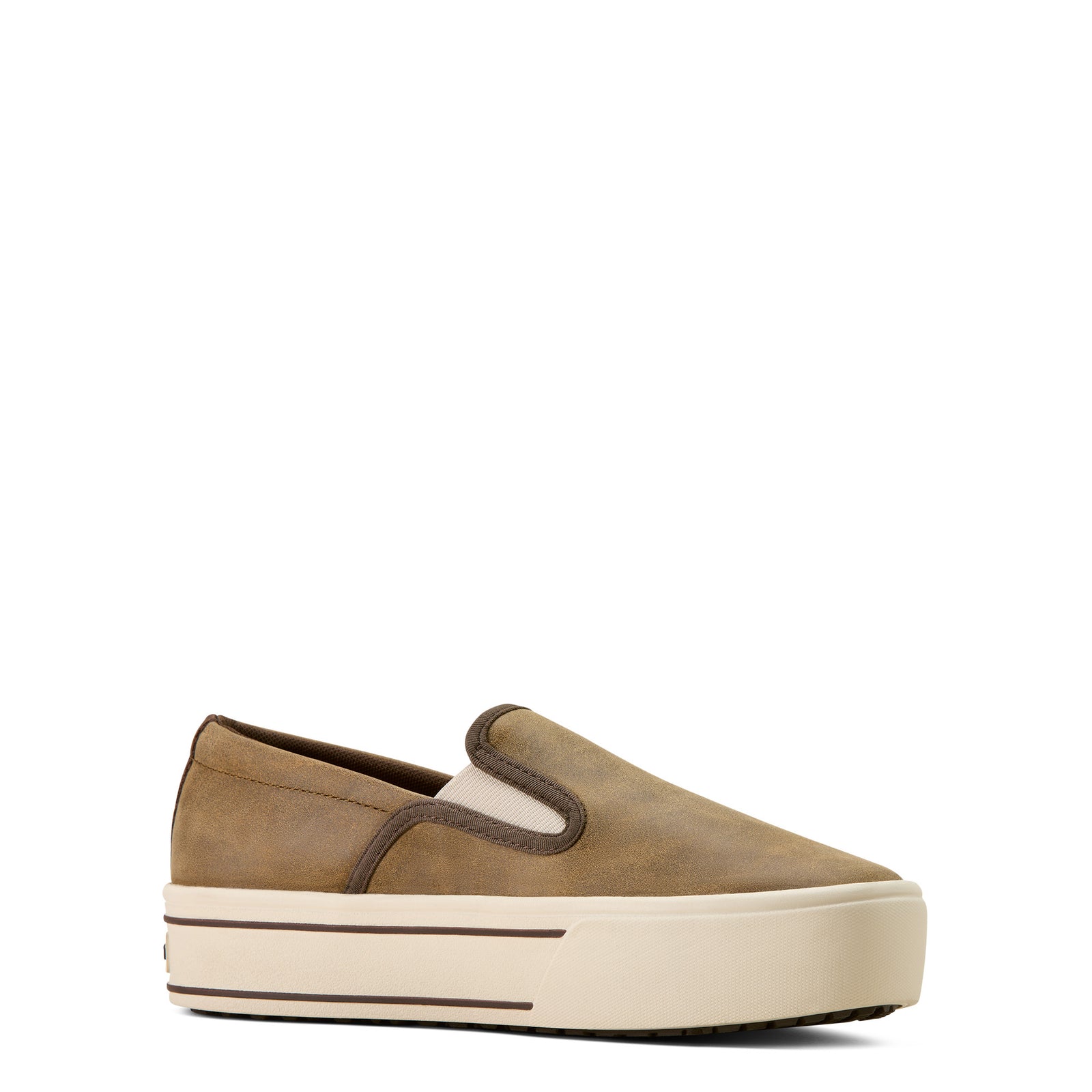 Brown slip-on sneaker with a white sole on a white background