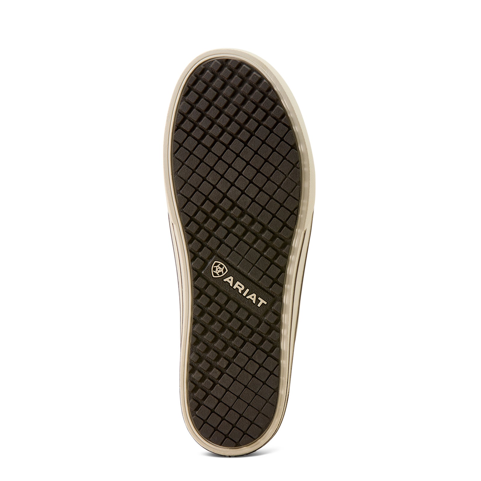 Ariat logo on a shoe sole with a checkered pattern