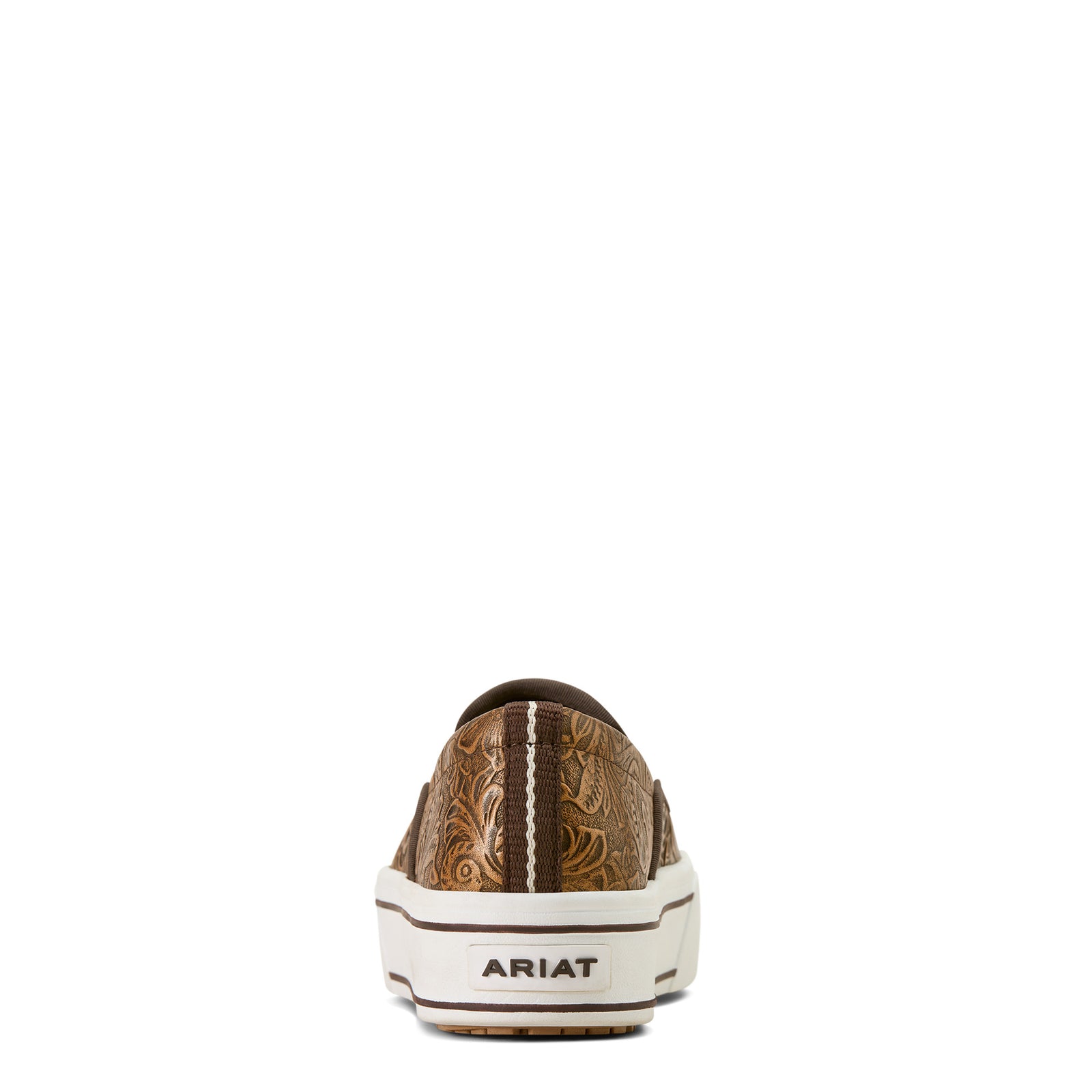 Brown and white sneaker with 'Ariat' branding on a white background