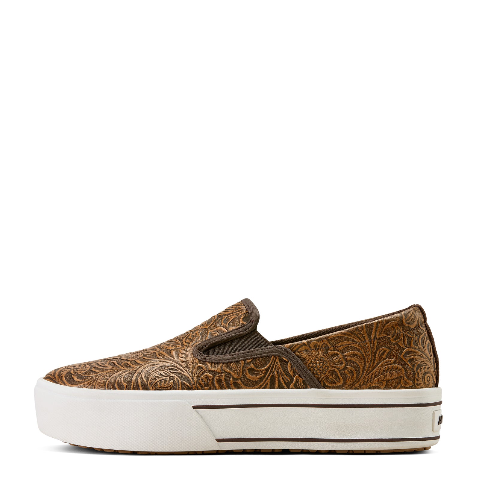 Brown slip-on shoe with intricate patterns on a white background