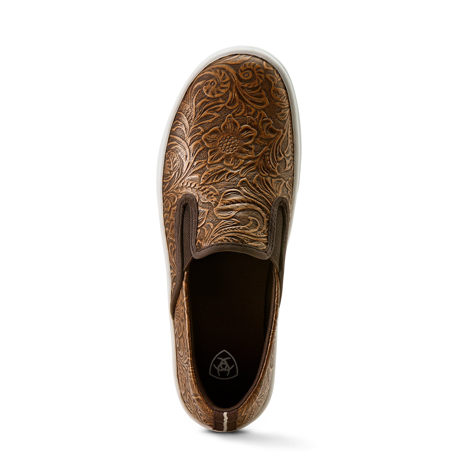 Brown slip-on shoe with intricate floral pattern on a white background