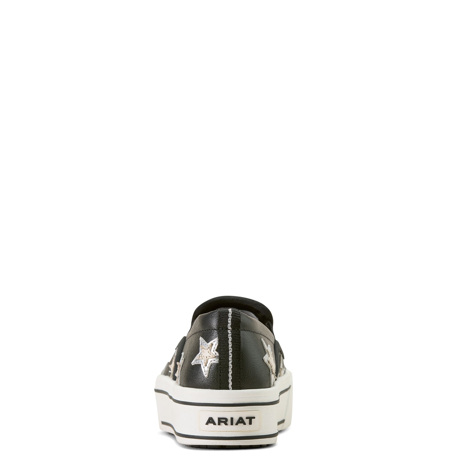 Black and white sneaker with 'Ariat' branding on a white background