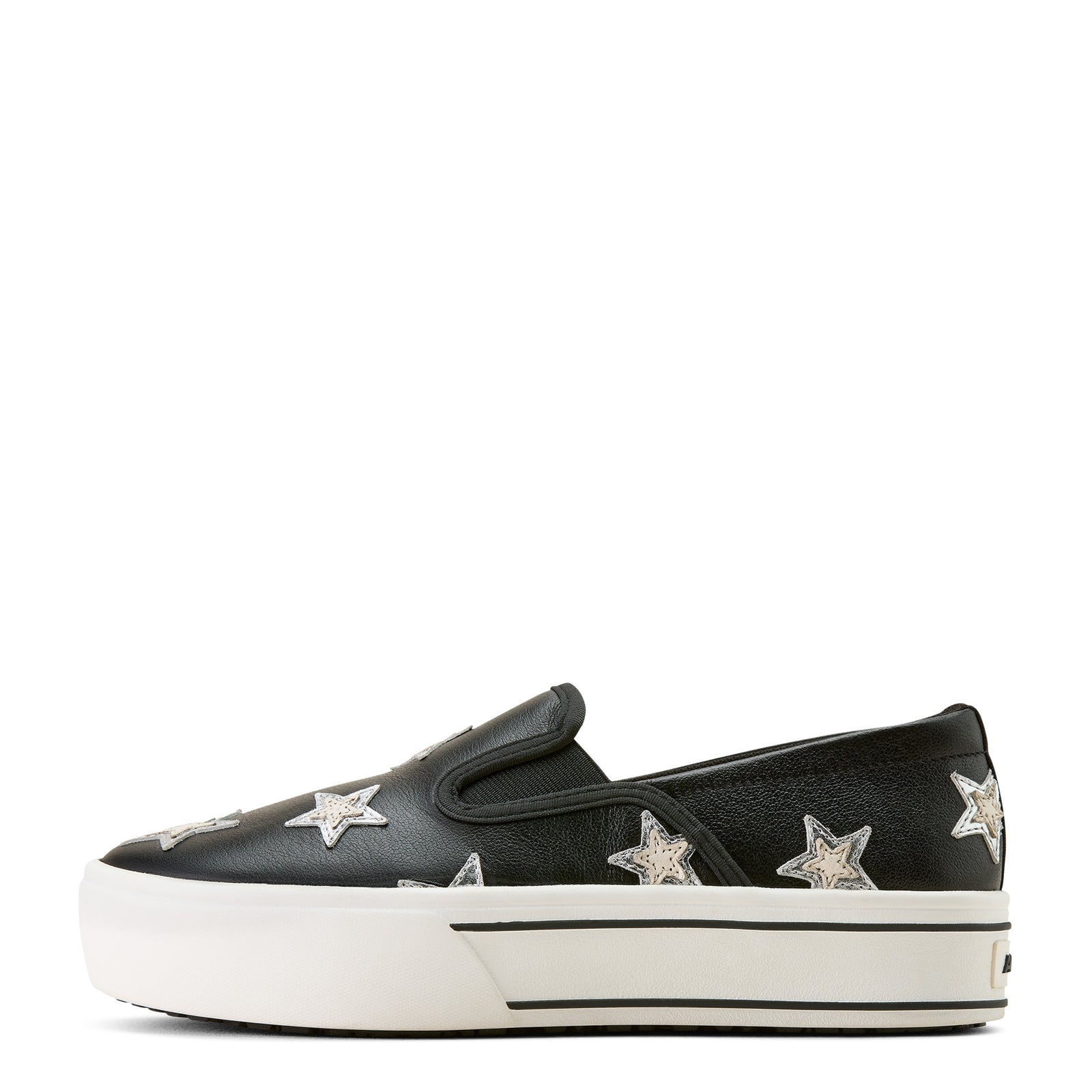 Black slip-on sneaker with star patterns on a white background