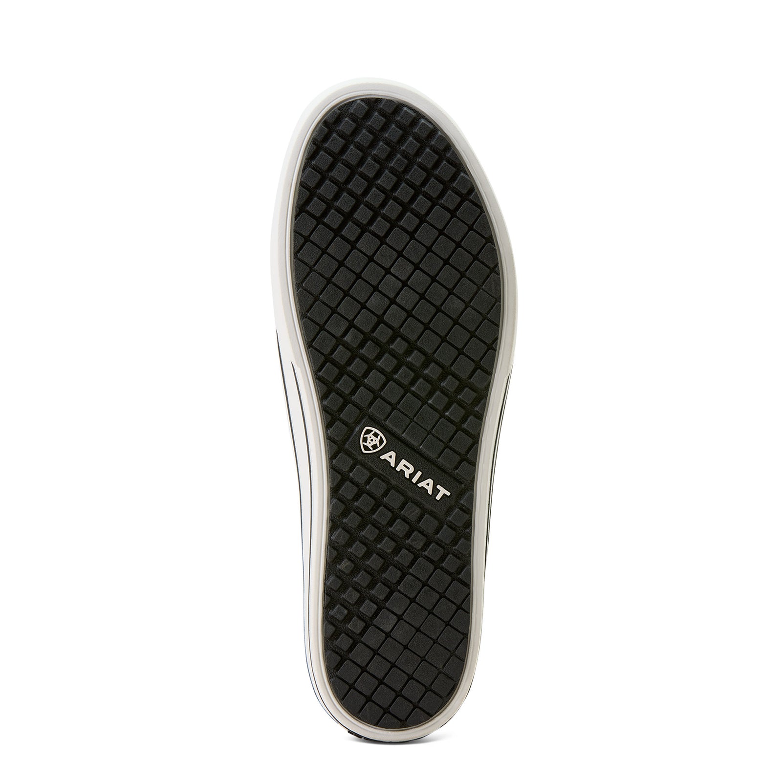 Black sole of a shoe with Ariat logo on a white background