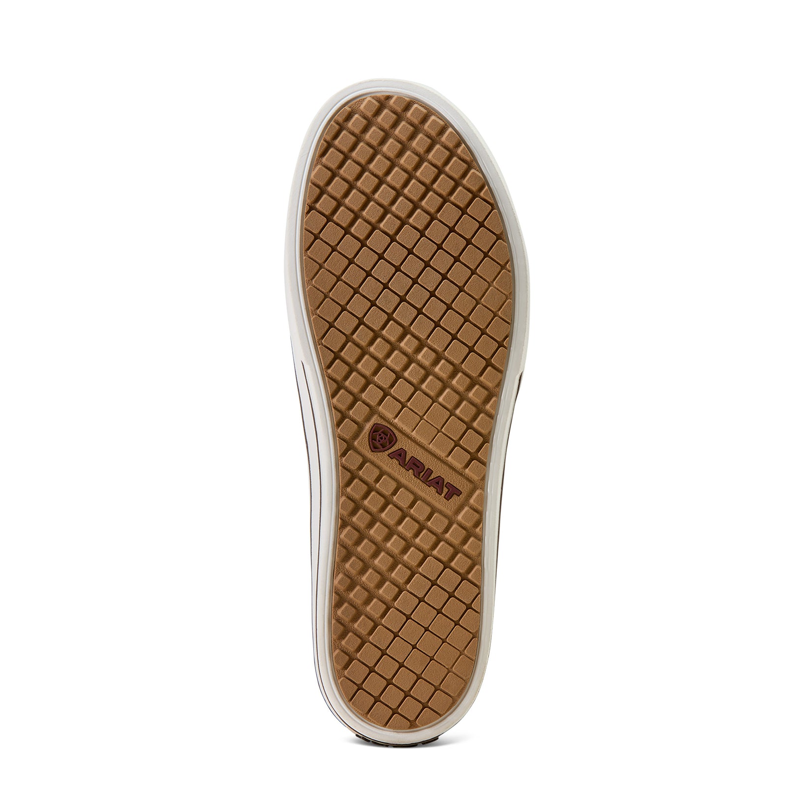 Brown sole of a shoe with a brand logo on a white background