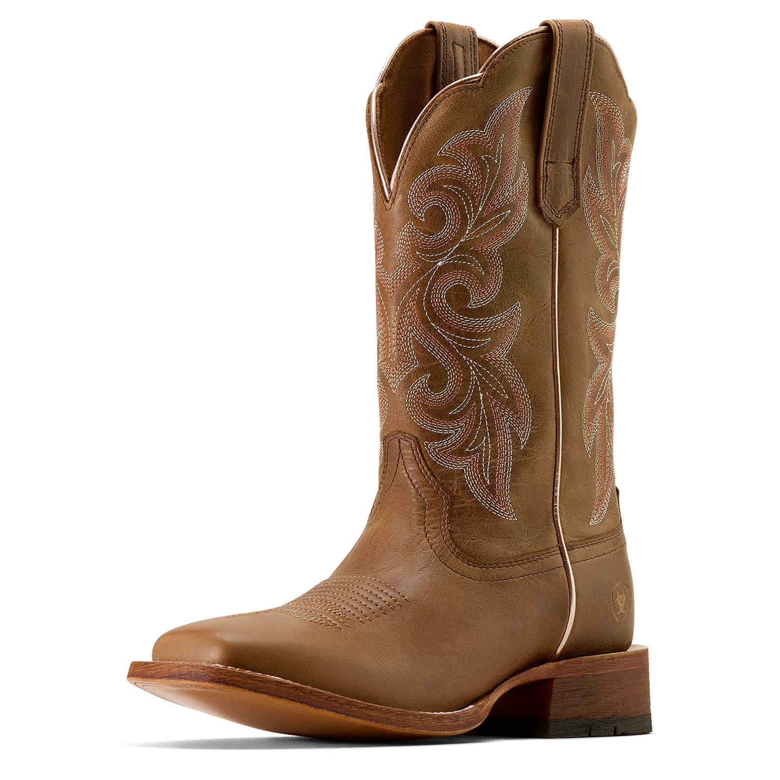 Brown cowboy boot with intricate embossing on a white background