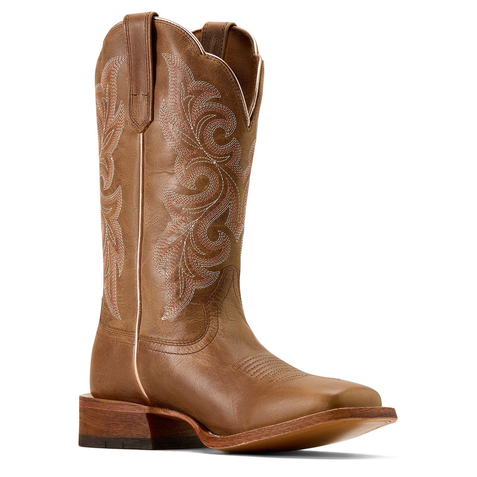 Brown cowboy boot with intricate embossing on a white background