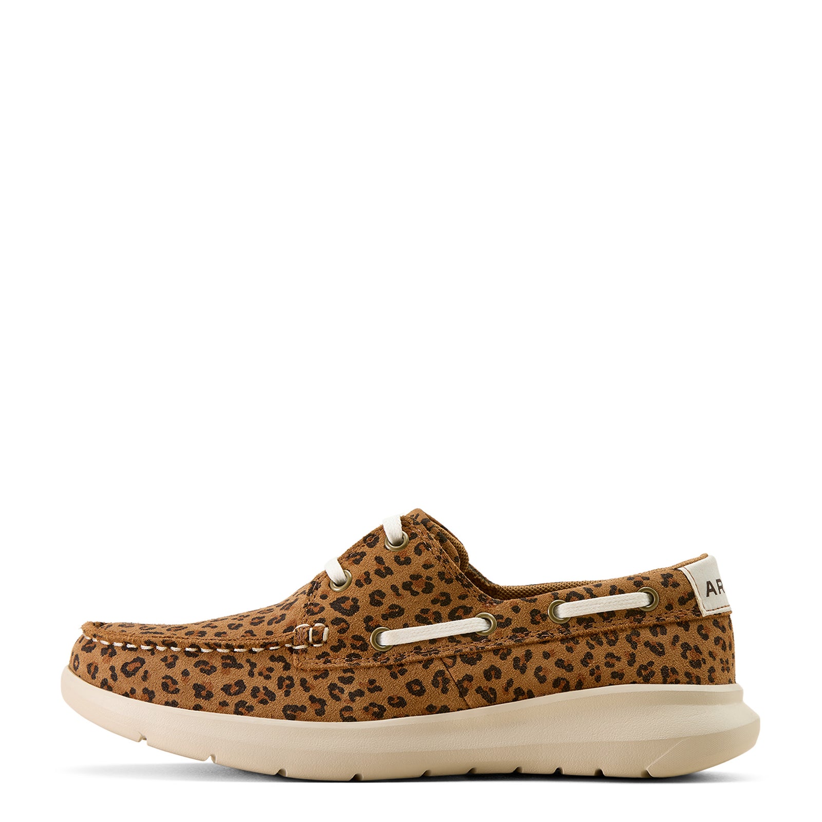 Brown leopard print shoe with white sole on a white background