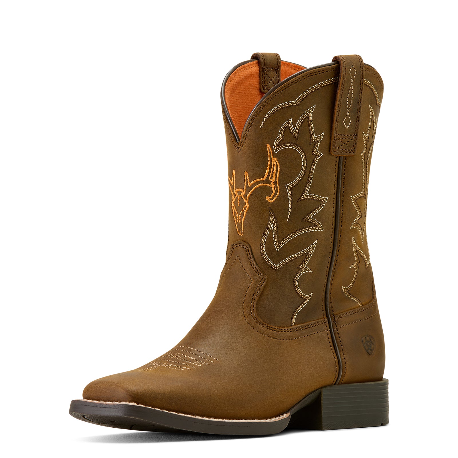 Ariat Kid's Deer Ridge Wide Square Toe Western Boot. Brown cowboy boot with intricate stitching on a white background