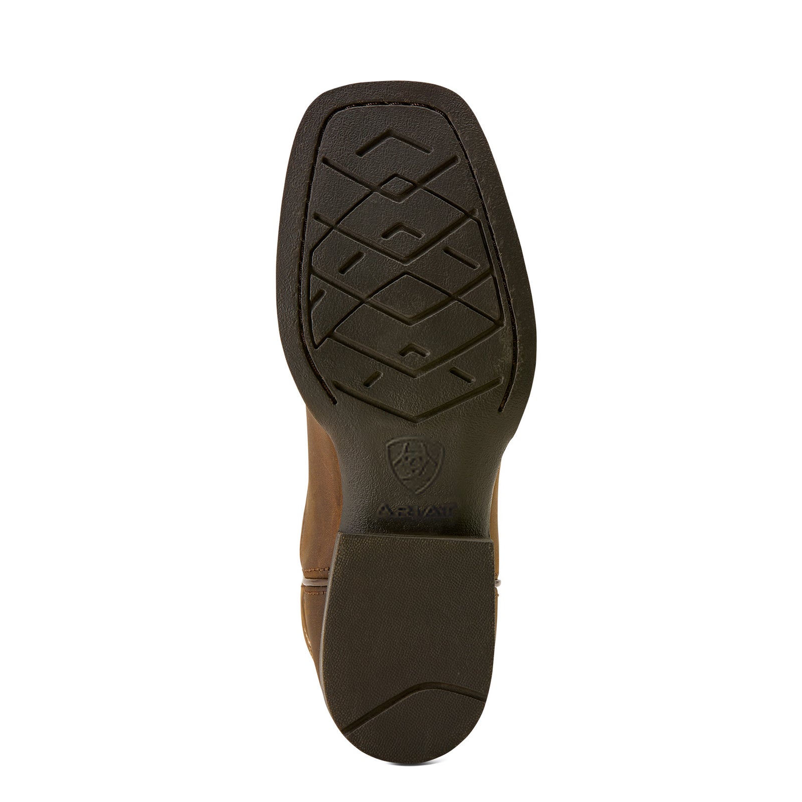 Ariat Kid's Deer Ridge Wide Square Toe Western Boot. Brown leather boot sole with visible brand logo on a white background