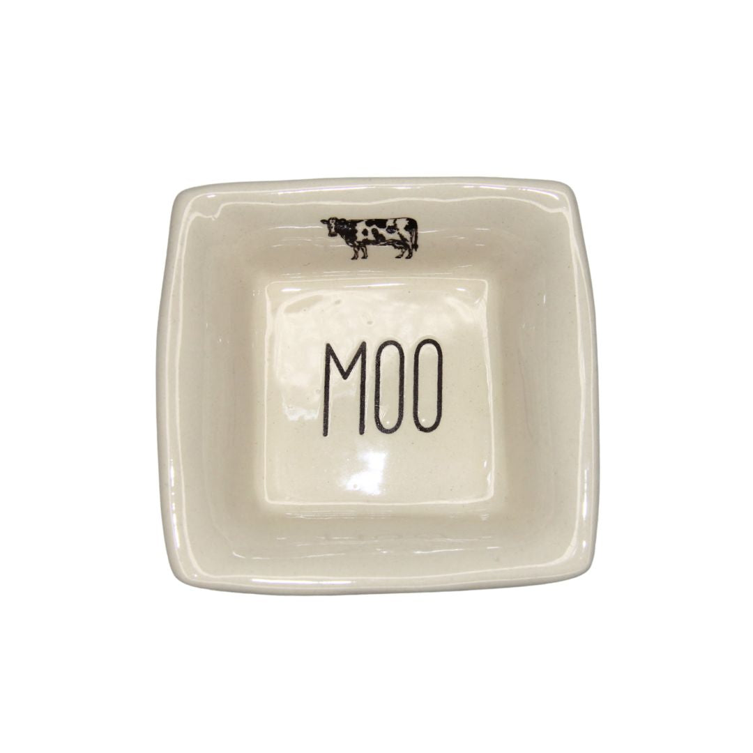 Moo Ceramic Sqaure Dish. White ceramic dish with 'MOO' and cow illustration on a white background