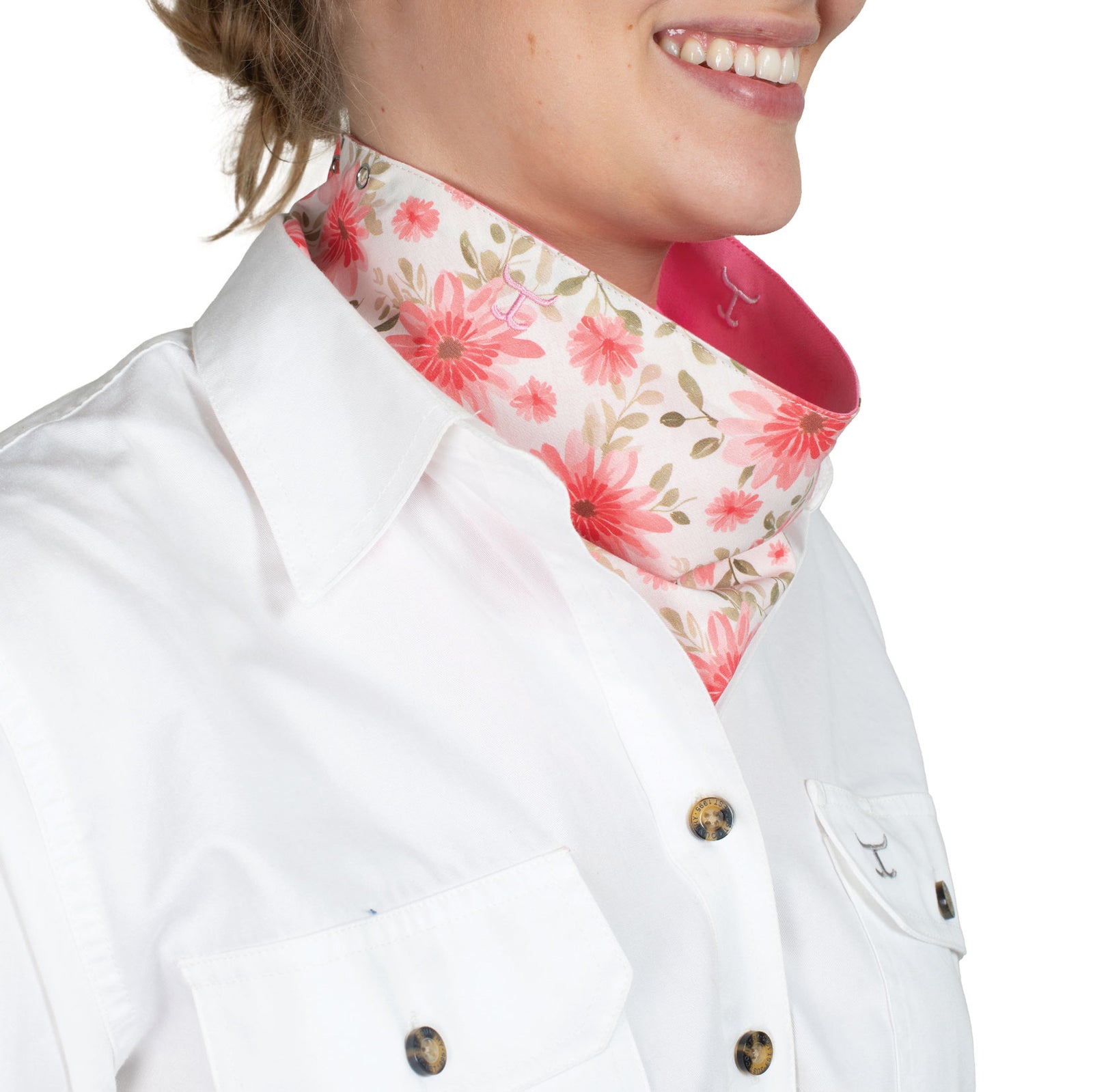 Just Country Carlee Double Sided Scarf. White lab coat with floral patterned inner collar and pink lining