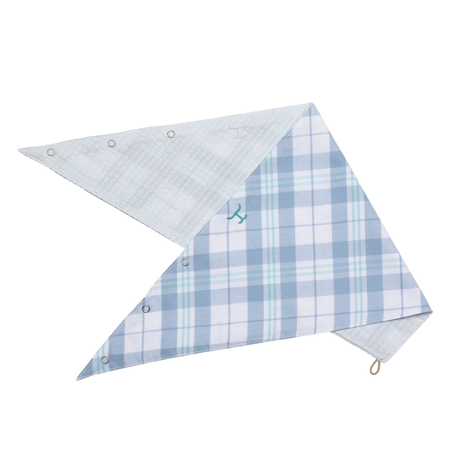 Blue plaid baby blanket with white checkered back on a white background