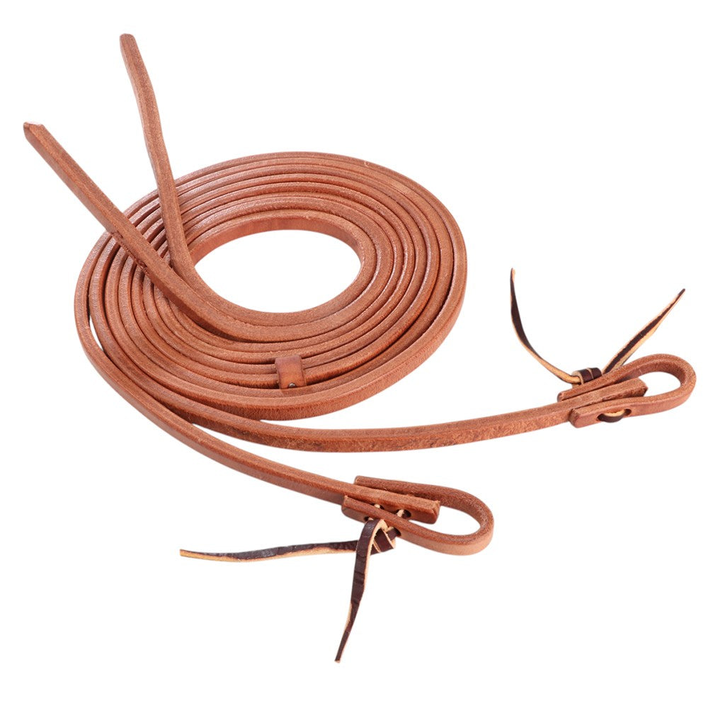 Professional's Choice Harness Leather Split Reins. Brown leather lariat rope with a hook on a white background