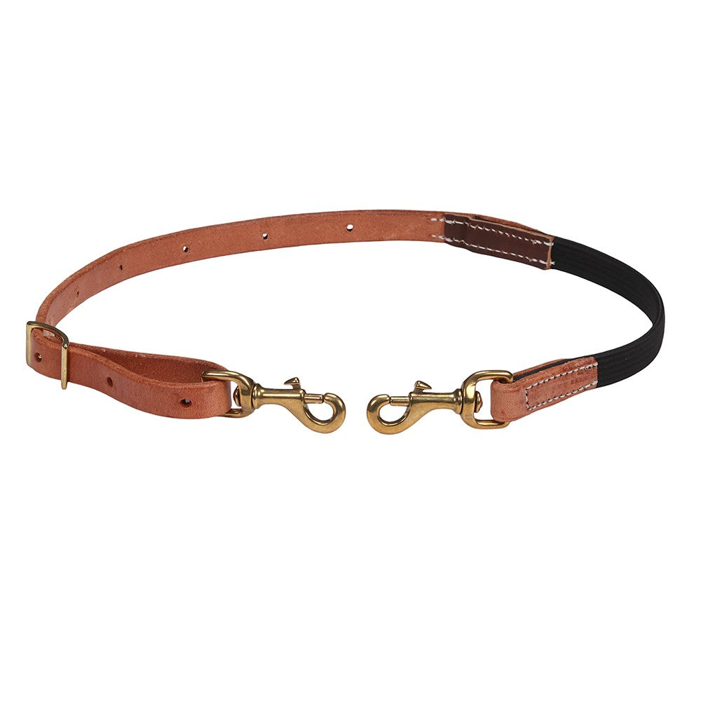 A leather strap with a tan-brown front section, a black rear section, and brass-colored metal snap hooks on both ends, shown on a plain white background.