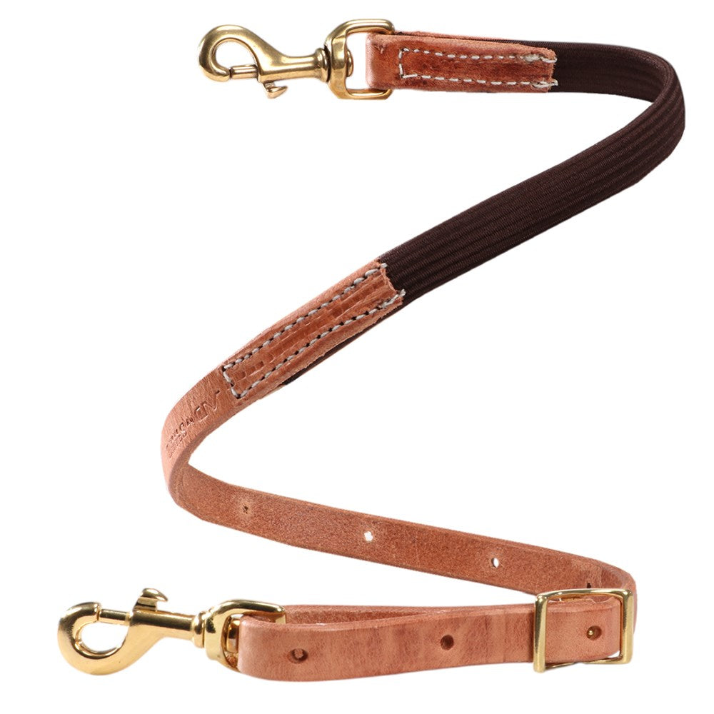 A leather dog leash with a tan leather handle and clips, a dark brown ribbed strap, and gold-tone metal hardware, shown on a plain white background.