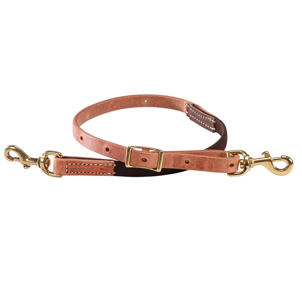 A light brown leather dog lead with brass hardware, including a buckle, snap hooks, and stitching, displayed on a clean white background.
