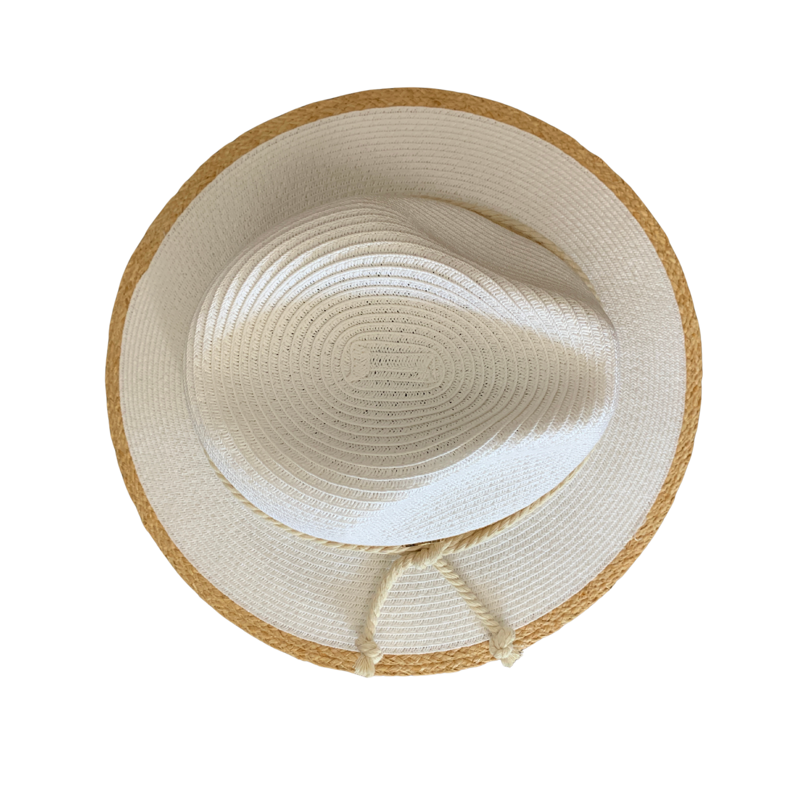A top-down view of a wide-brimmed straw hat in natural beige and off-white, featuring a rope chin strap, set against a plain white background.