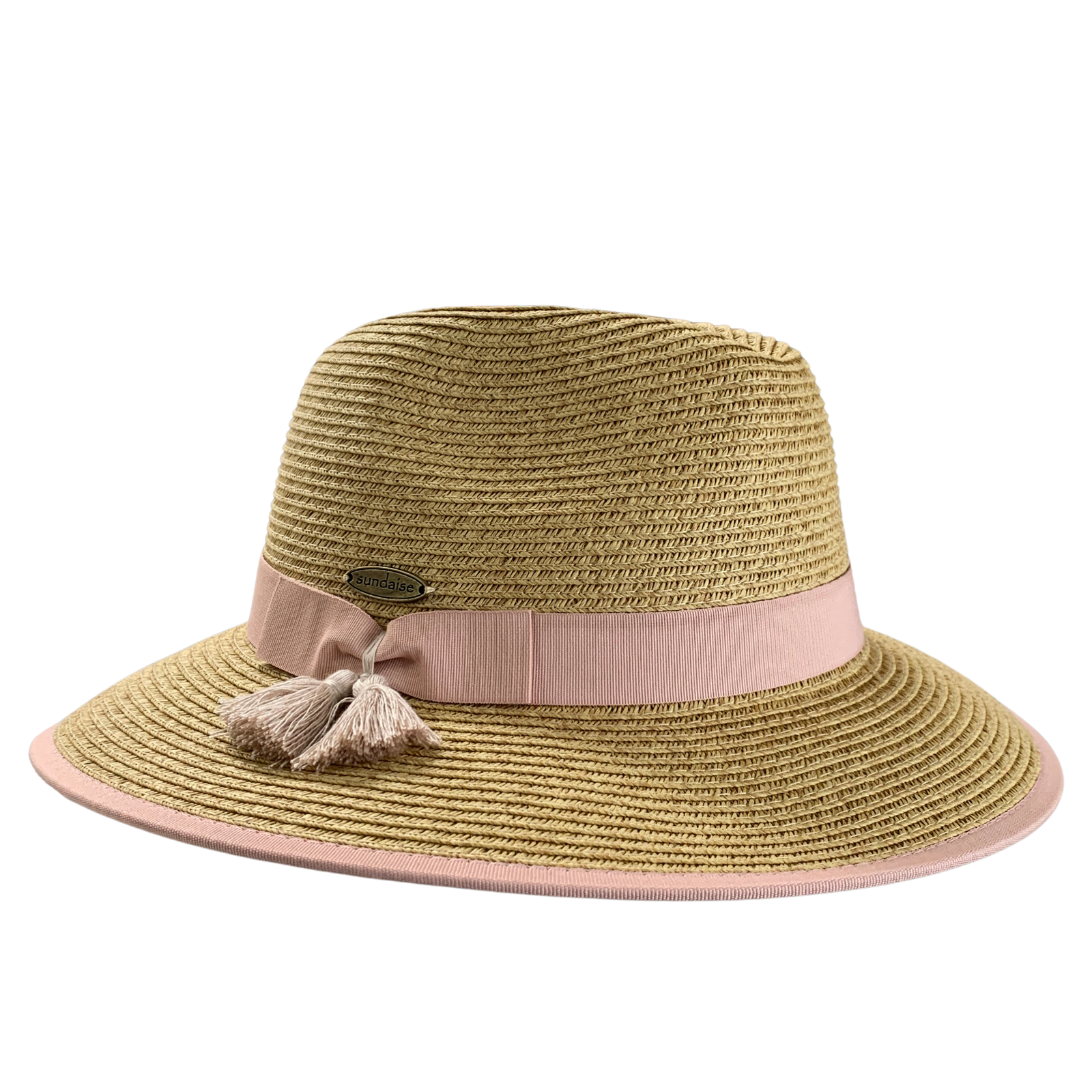 A woven straw sun hat in a light tan color with a wide pink ribbon band and a small tassel accent on the front, set against a plain white background.