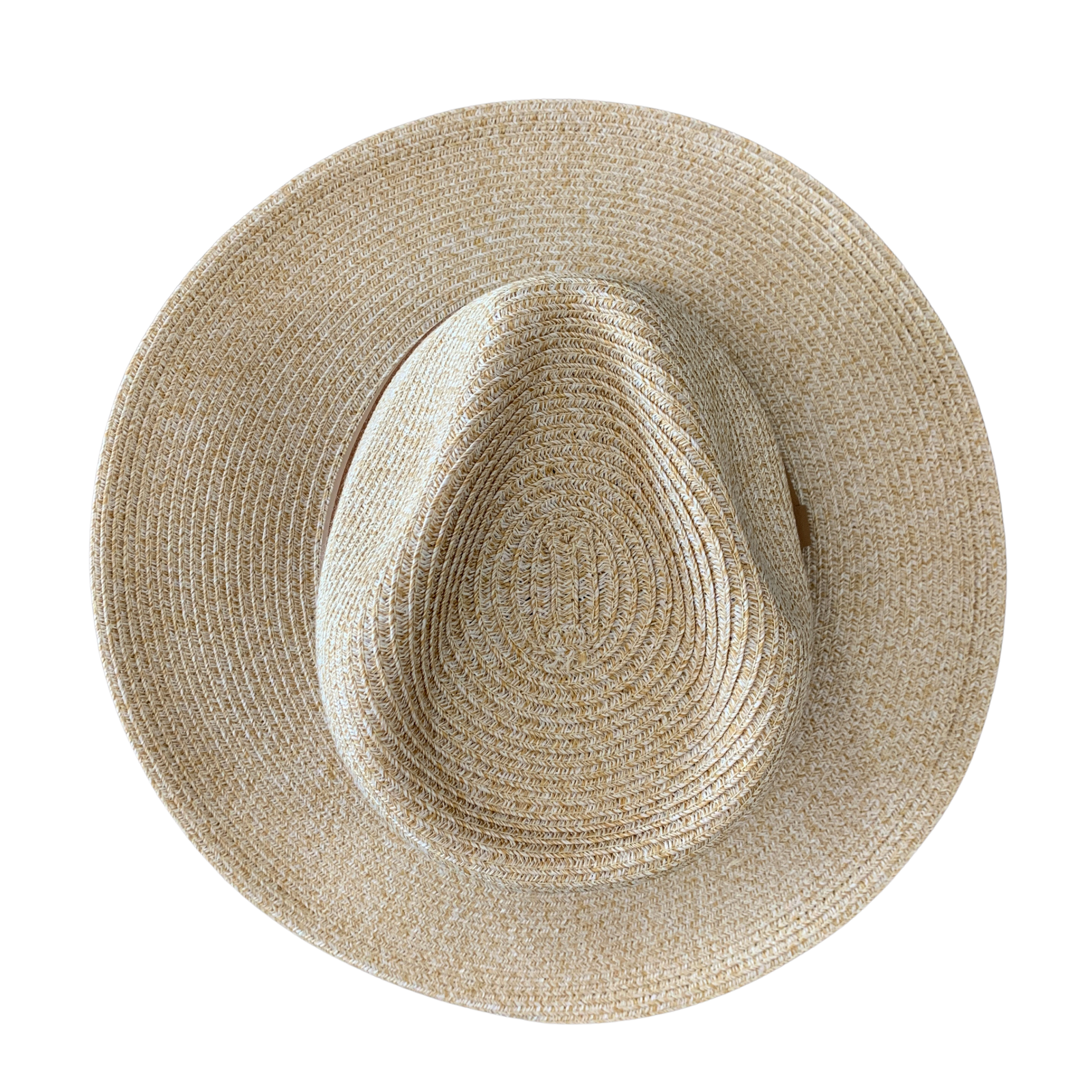A light beige woven straw hat photographed from directly above on a plain white background.